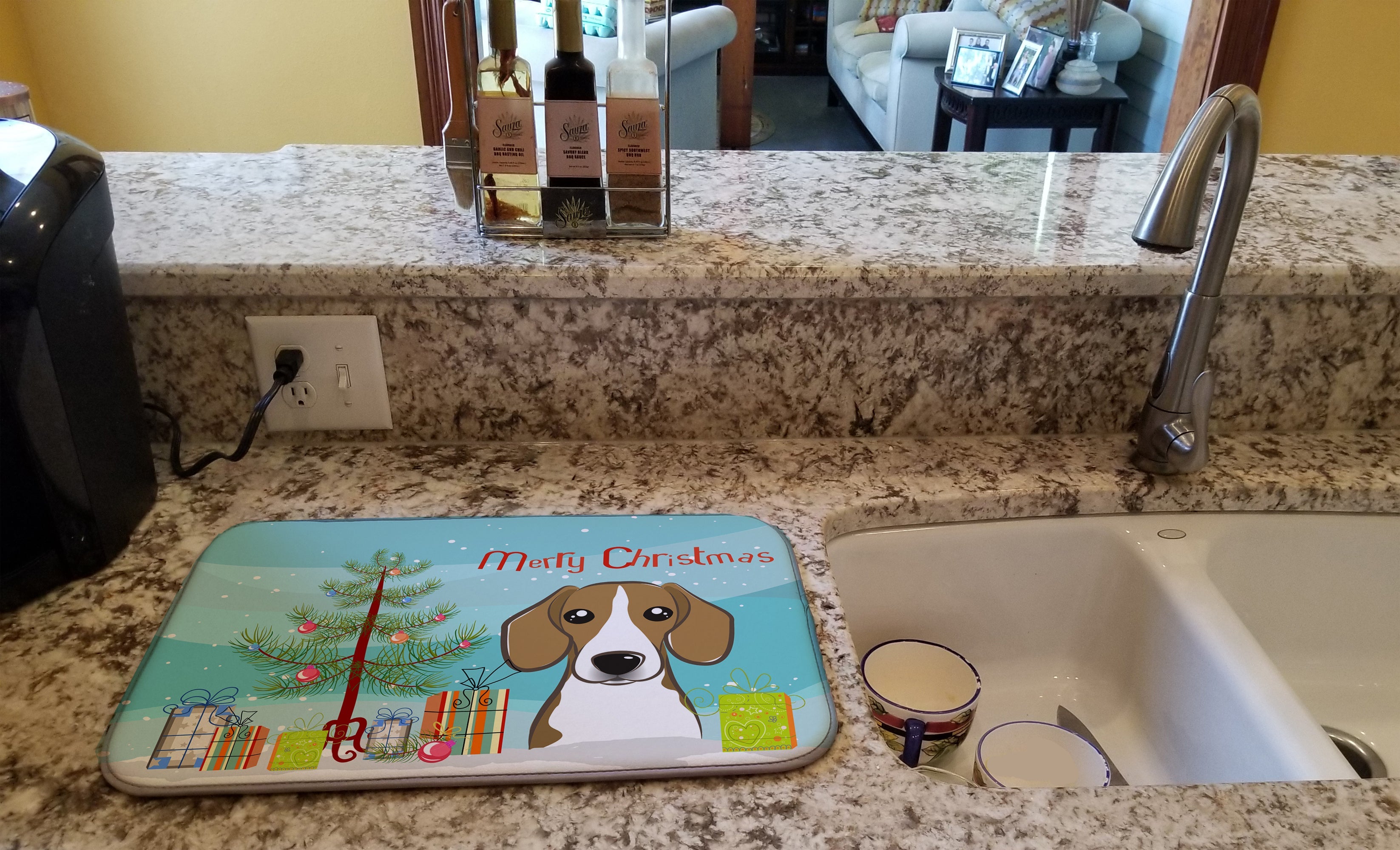 Christmas Tree and Beagle Dish Drying Mat Absorbent Dish Drying Mat Pad for Kitchen Counter Dish Drainer Mat for Countertop, 14 x 21", Multicolor
