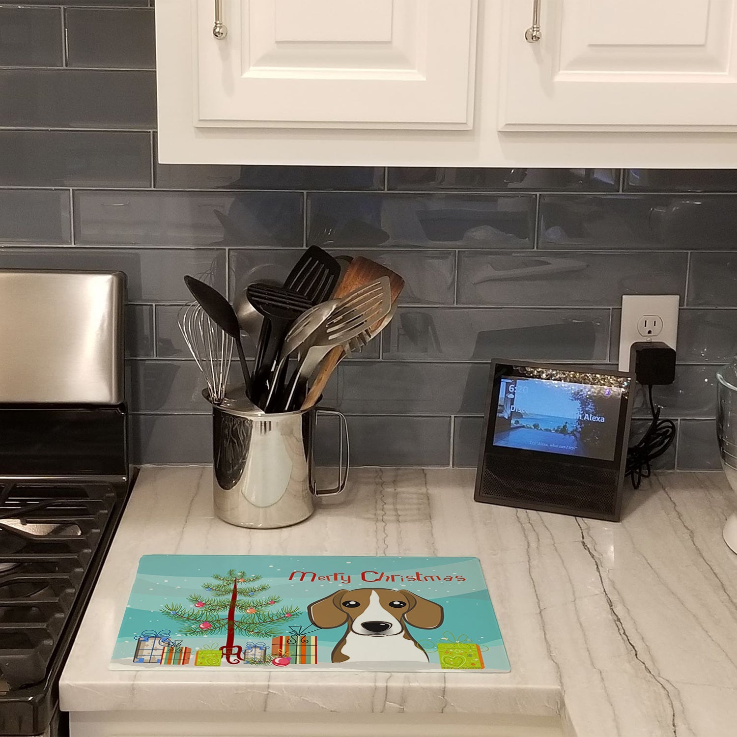 Christmas Tree and Beagle Cutting Board Tempered Glass Kitchen Cutting Surface, Heat Resistant Chopping, Non-Slip Feet, Food Prep & Serving
