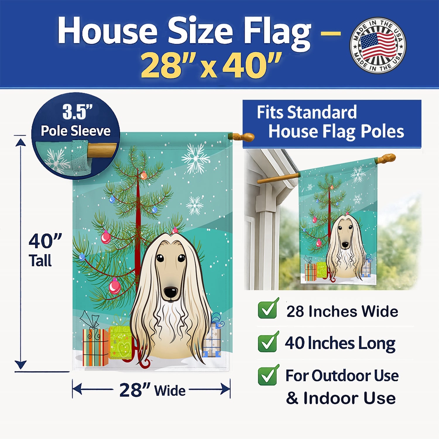 Christmas Tree and Afghan Hound House Flag 28x40 Porch Sleeve Pole Decorative Outside Yard Banner Artwork Wall Hanging, Polyester