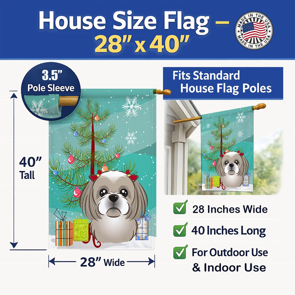 Christmas Tree and Gray Silver Shih Tzu House Flag 28x40 Porch Sleeve Pole Decorative Outside Yard Banner Artwork Wall Hanging, Polyester
