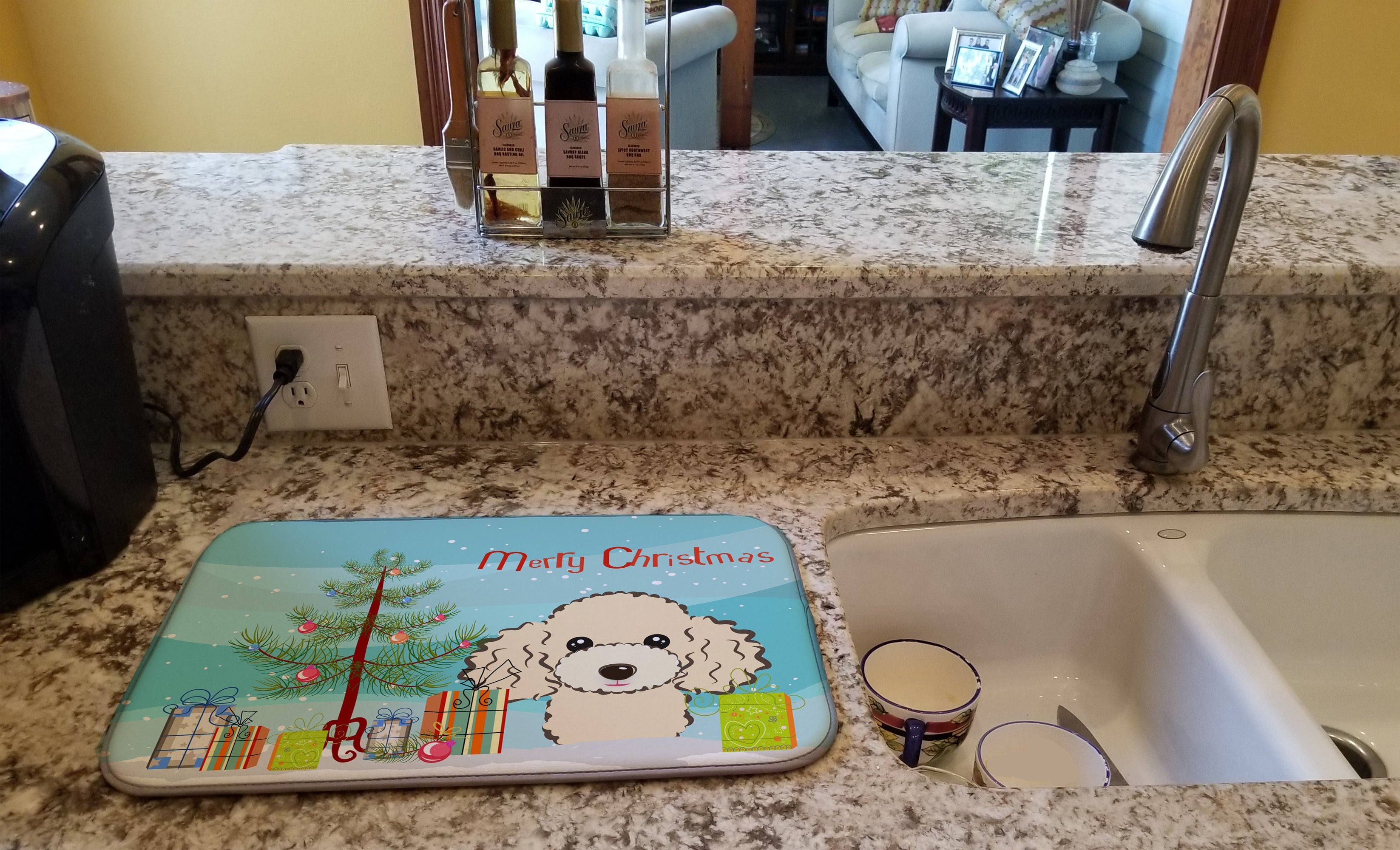 Christmas Tree and Buff Poodle Dish Drying Mat Absorbent Dish Drying Mat Pad for Kitchen Counter Dish Drainer Mat for Countertop, 14 x 21", Multicolor