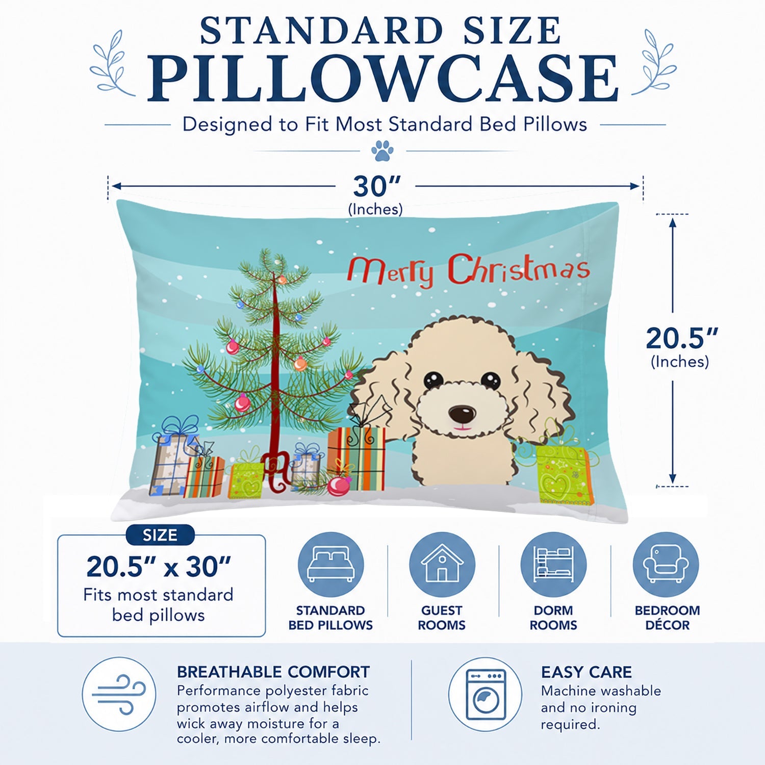 Christmas Tree and Buff Poodle Standard Pillowcase Lightweight Super Soft Easy Care Decorative Artwork Pillowcase, Standard