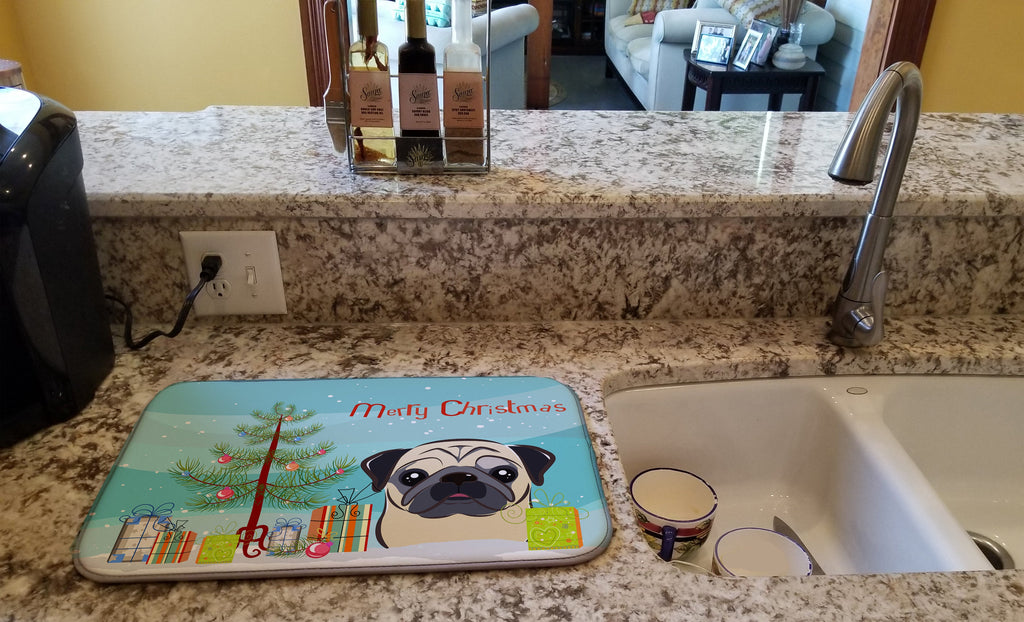 Christmas Tree and Fawn Pug Dish Drying Mat Absorbent Dish Drying Mat Pad for Kitchen Counter Dish Drainer Mat for Countertop, 14 x 21", Multicolor