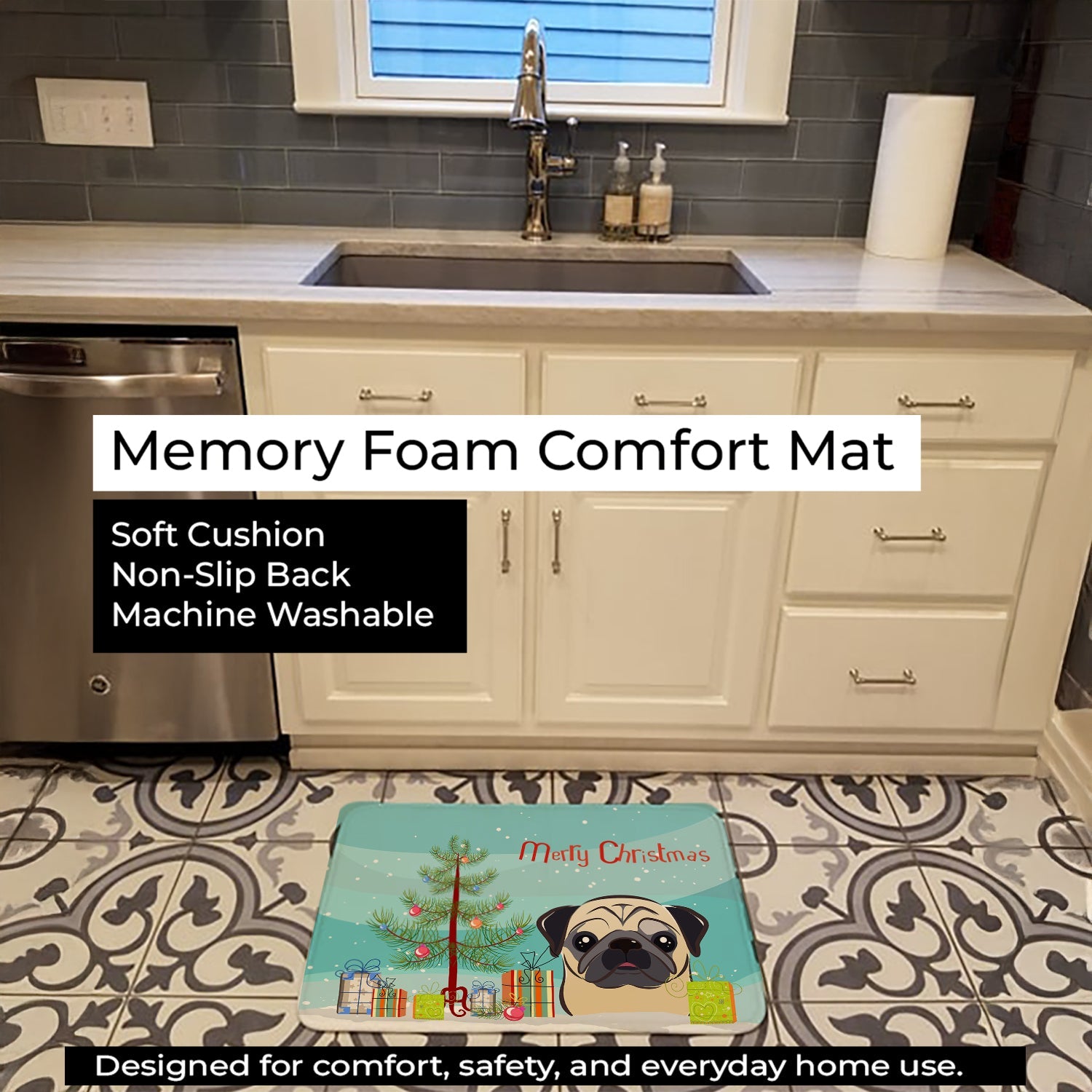 Christmas Tree and Fawn Pug Memory Foam Kitchen Mat Machine Washable Anti-Fatigue Cushion Comfort Bath or Kitchen Rug