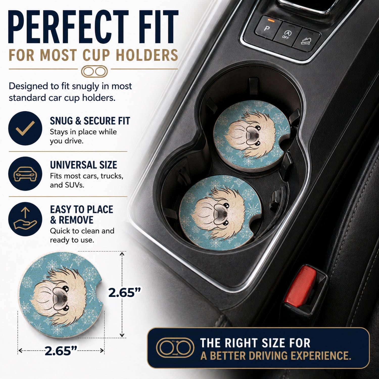 Snowflake Pekingese Set of 2 Cup Holder Car Coasters Absorbent Round Sandstone Coasters Gifts for Men or Women, 2.5, Multicolor