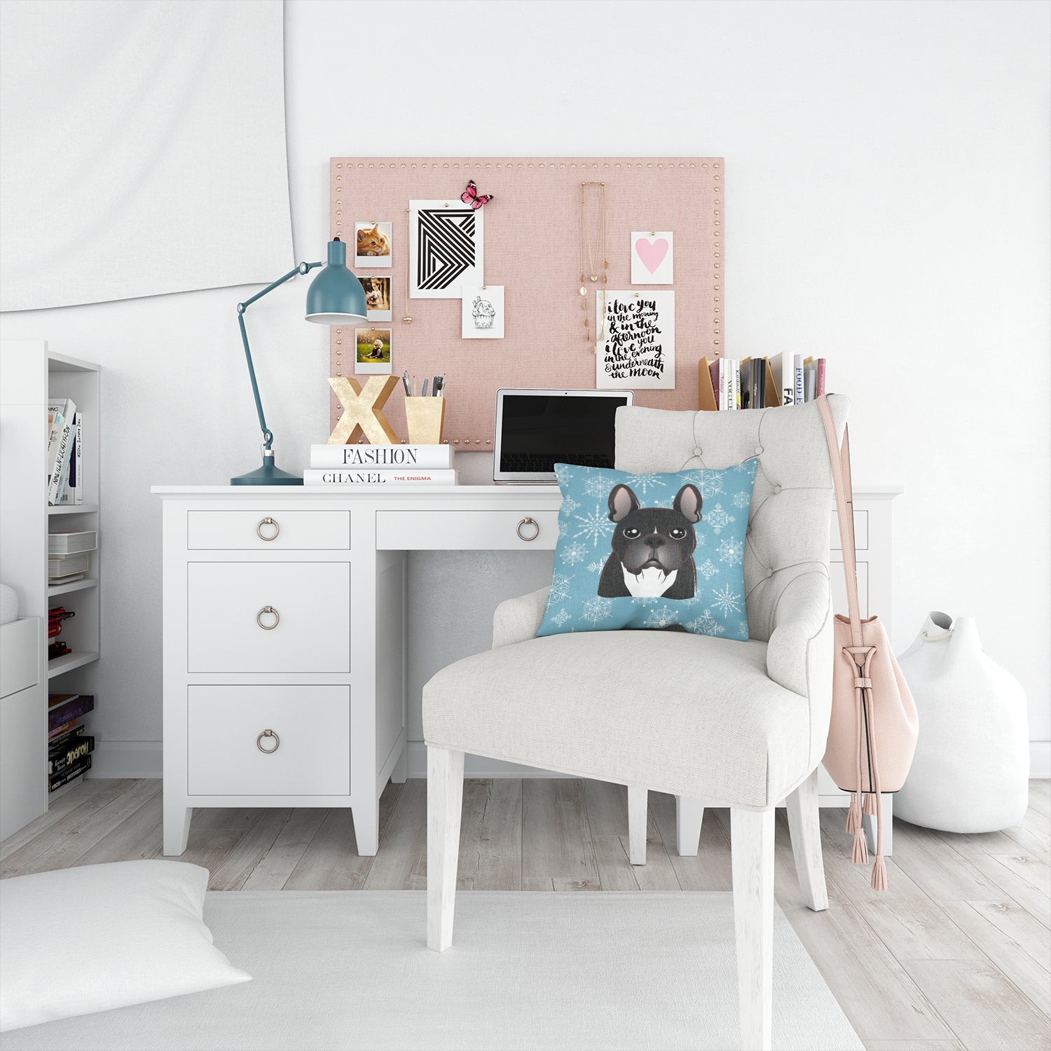 Snowflake French Bulldog Decorative Throw Pillow 14x14 Indoor Outdoor Accent Cushion, Fabric Cover with Insert for Sofa, Bed, Porch & Living Room