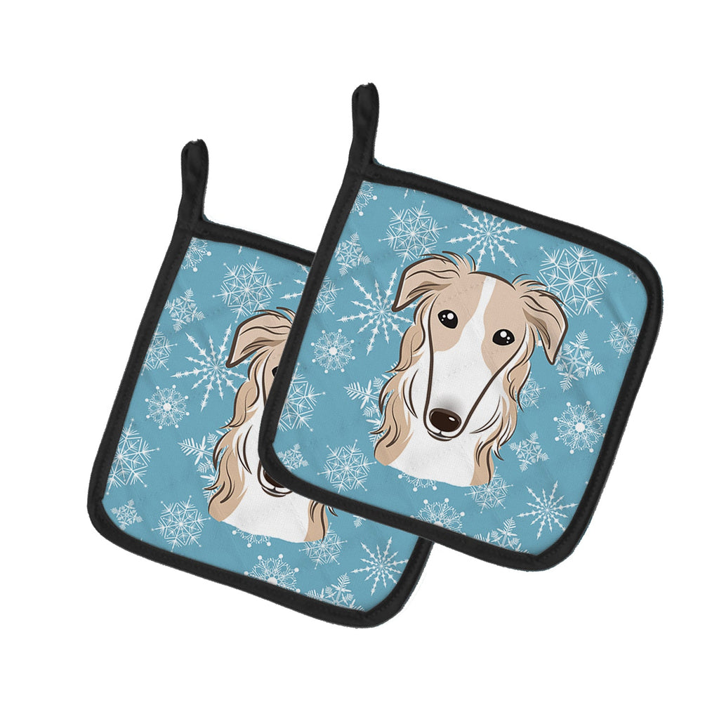 Snowflake Borzoi Pot Holder Set of 2 Heat Resistant Quilted Hot Pads 7.5 x 7.5 Inch, Insulated Kitchen Trivets for Cooking & Baking