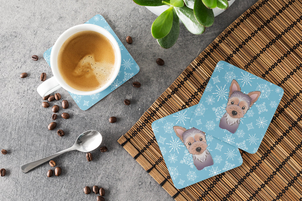 Snowflake Yorkie Puppy Foam Coasters Set of 4 Cup Coasters for Indoor Outdoor, Tabletop Protection, Anti Slip, Mouse pad Material