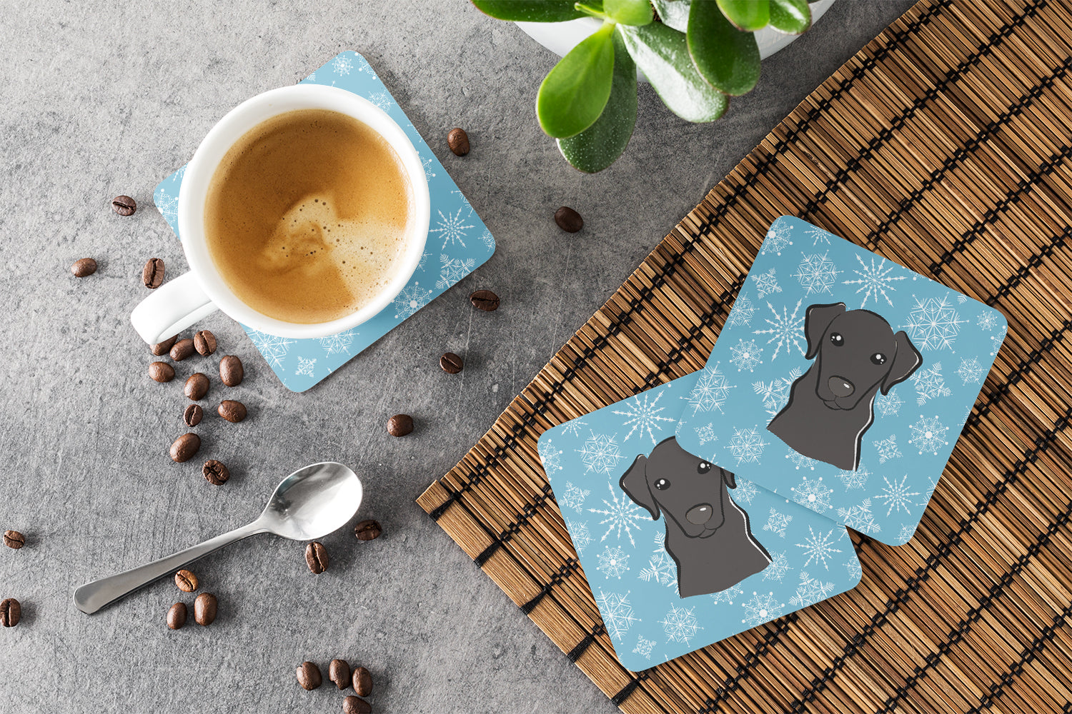 Snowflake Black Labrador Foam Coasters Set of 4 Cup Coasters for Indoor Outdoor, Tabletop Protection, Anti Slip, Mouse pad Material