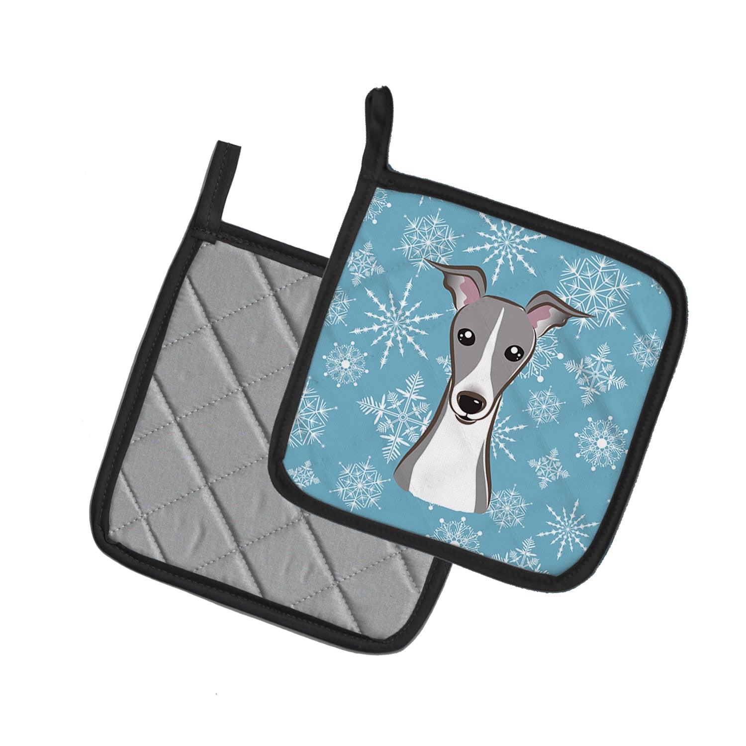 Snowflake Italian Greyhound Pot Holder Set of 2 Heat Resistant Quilted Hot Pads 7.5 x 7.5 Inch, Insulated Kitchen Trivets for Cooking & Baking