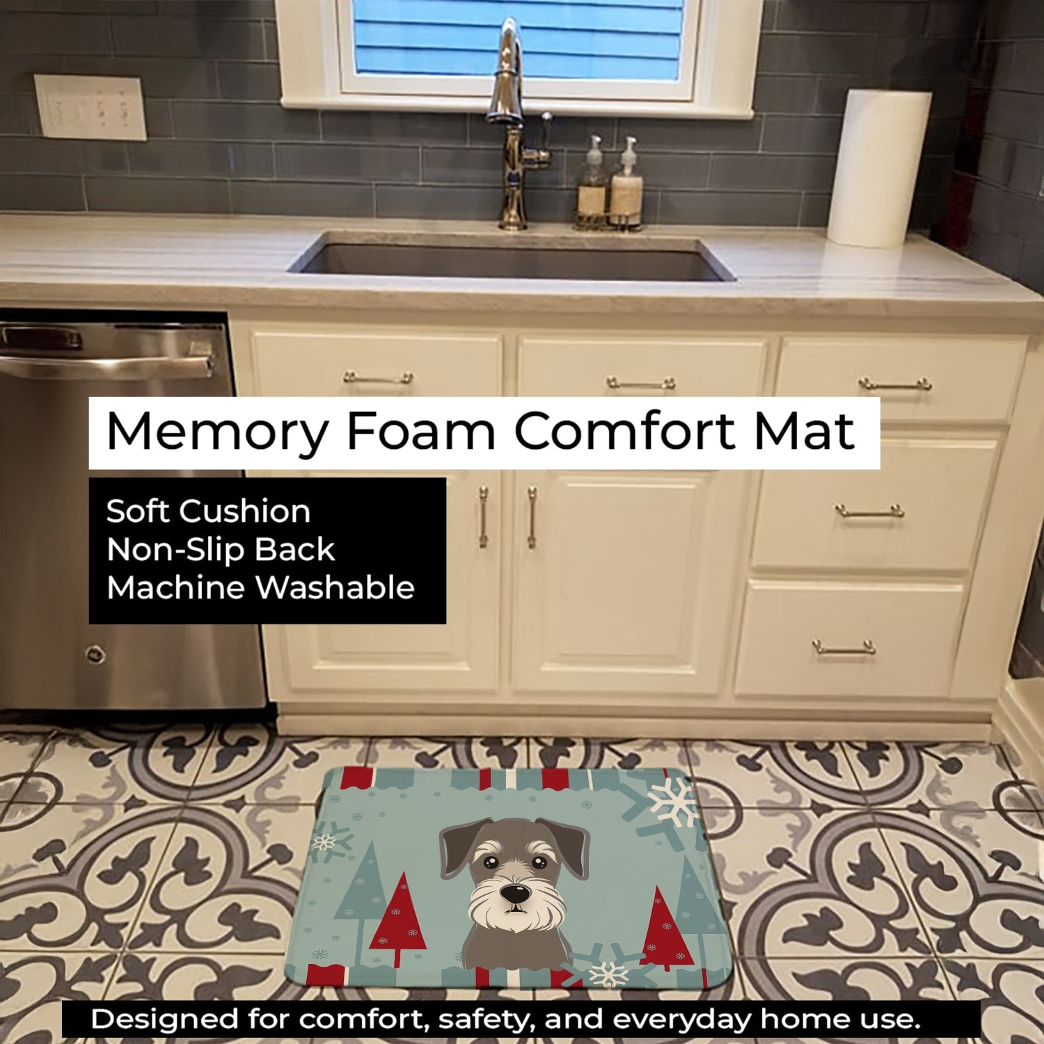 Winter Holiday Schnauzer Memory Foam Kitchen Mat Machine Washable Anti-Fatigue Cushion Comfort Bath or Kitchen Rug