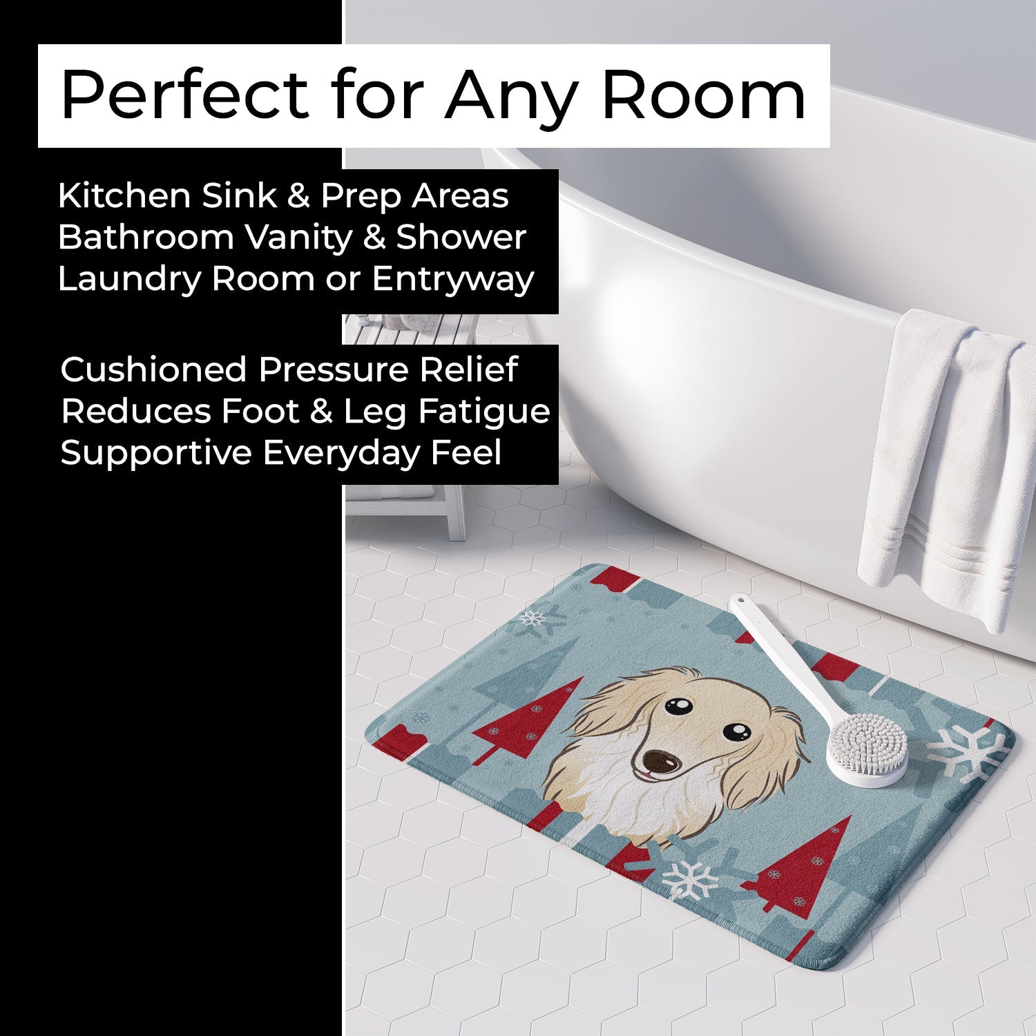 Winter Holiday Longhair Creme Dachshund Memory Foam Kitchen Mat Machine Washable Anti-Fatigue Cushion Comfort Bath or Kitchen Rug