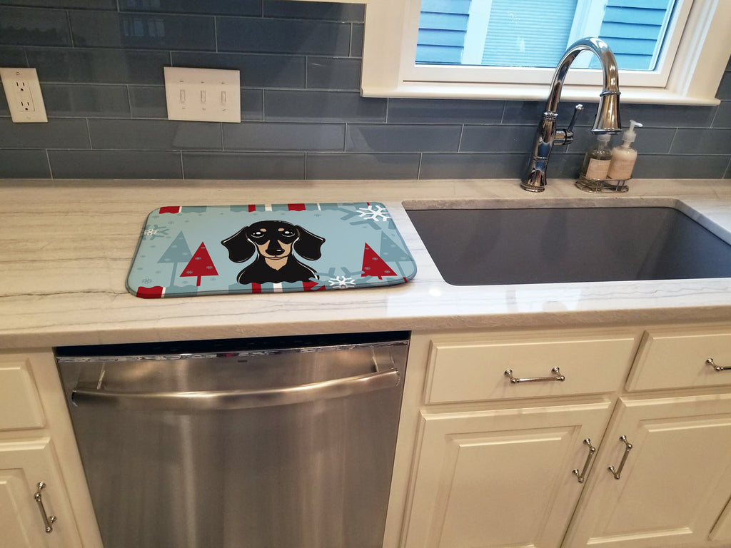 Winter Holiday Smooth Black and Tan Dachshund Dish Drying Mat Absorbent Dish Drying Mat Pad for Kitchen Counter Dish Drainer Mat for Countertop, 14 x 21", Multicolor