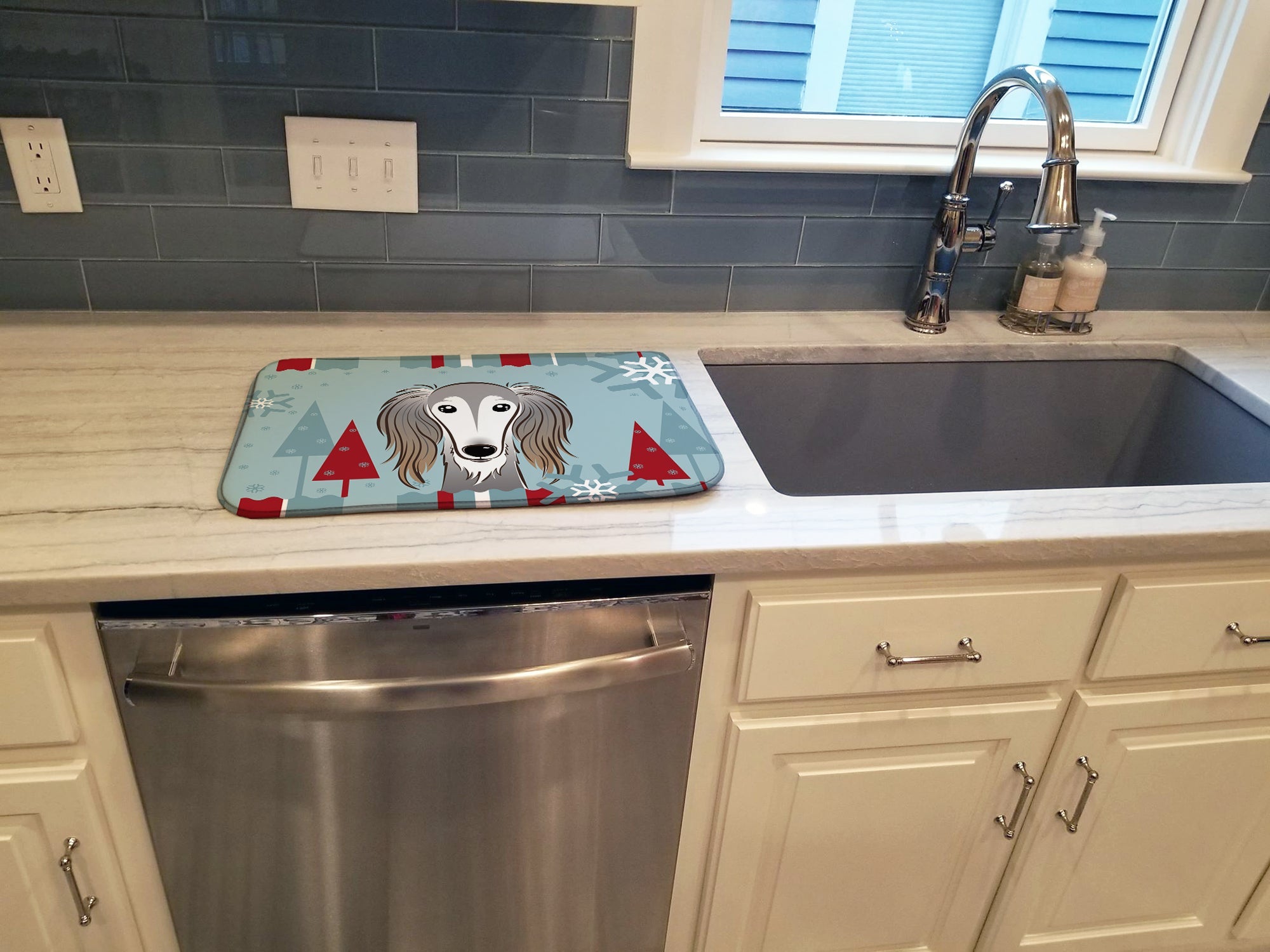 Winter Holiday Saluki Dish Drying Mat Absorbent Dish Drying Mat Pad for Kitchen Counter Dish Drainer Mat for Countertop, 14 x 21", Multicolor