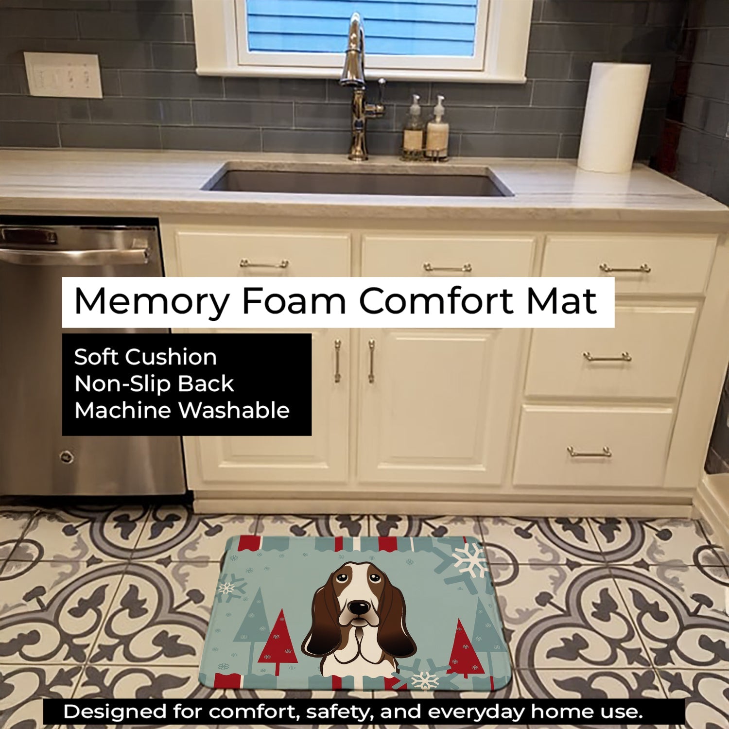 Winter Holiday Basset Hound Memory Foam Kitchen Mat Machine Washable Anti-Fatigue Cushion Comfort Bath or Kitchen Rug