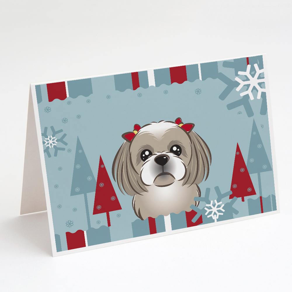 Winter Holiday Gray Silver Shih Tzu Greeting Cards Pack of 8 Blank Cards with Envelopes Whimsical A7 Size 5x7