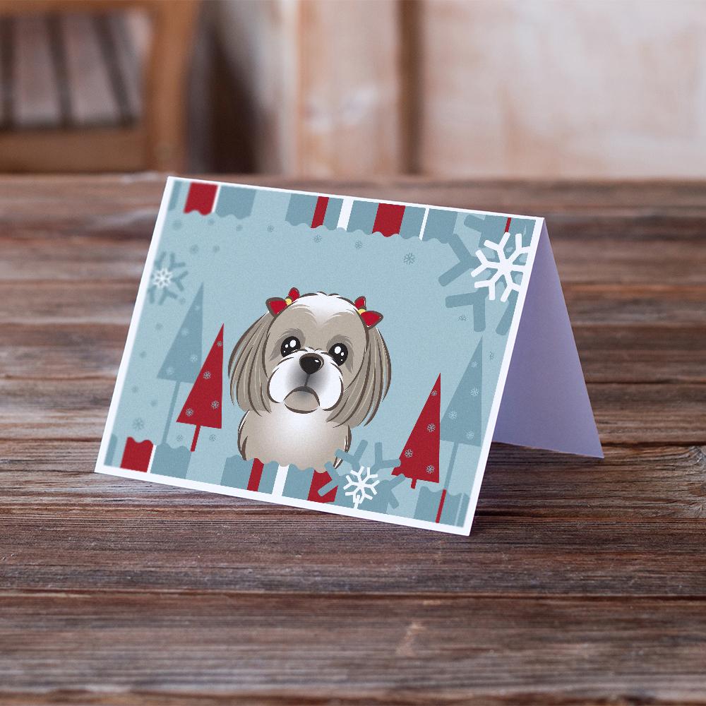 Winter Holiday Gray Silver Shih Tzu Greeting Cards Pack of 8 Blank Cards with Envelopes Whimsical A7 Size 5x7
