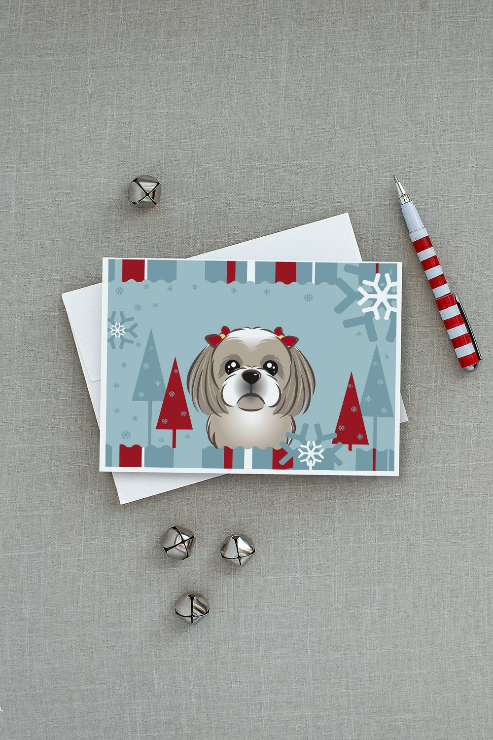 Winter Holiday Gray Silver Shih Tzu Greeting Cards Pack of 8 Blank Cards with Envelopes Whimsical A7 Size 5x7