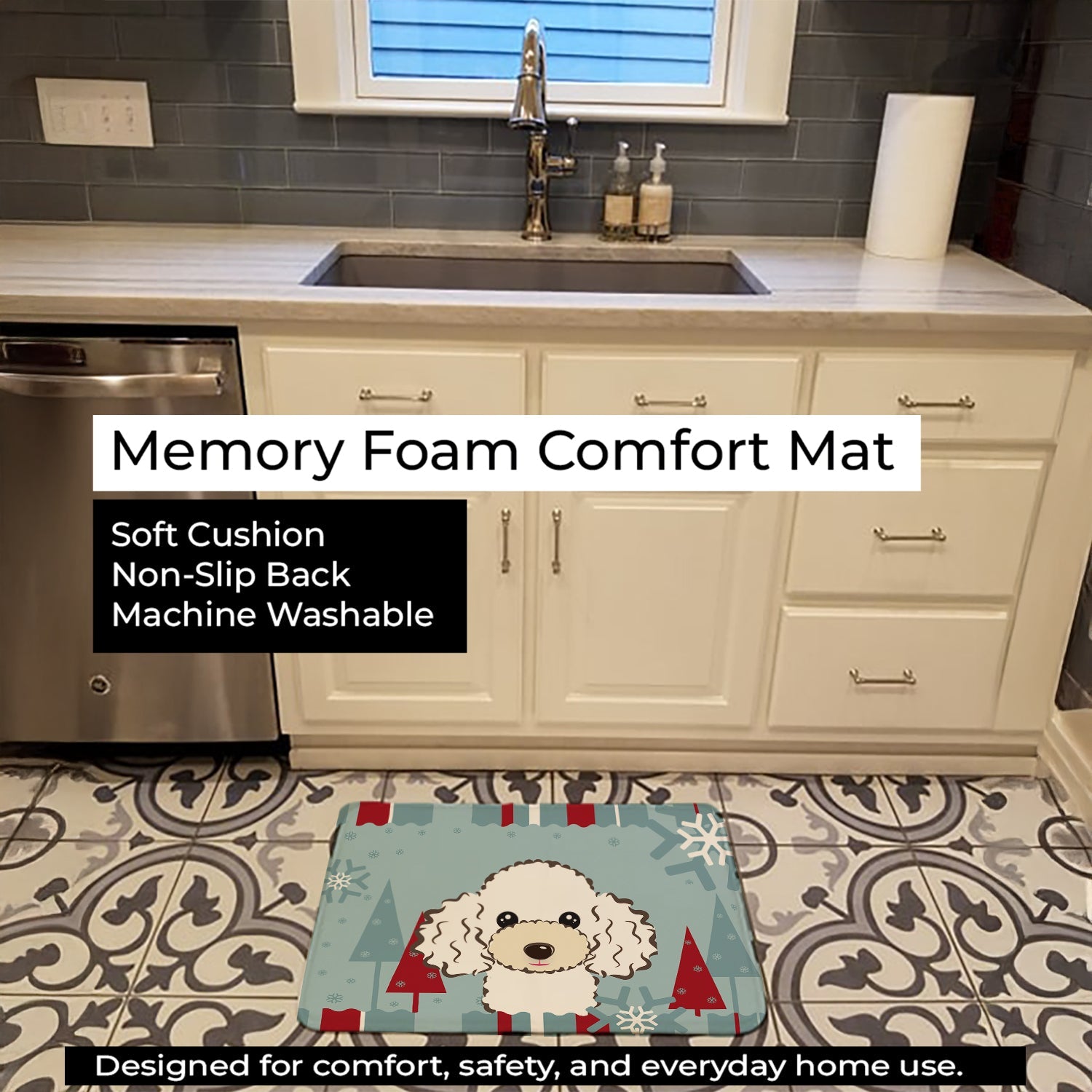 Winter Holiday White Poodle Memory Foam Kitchen Mat Machine Washable Anti-Fatigue Cushion Comfort Bath or Kitchen Rug