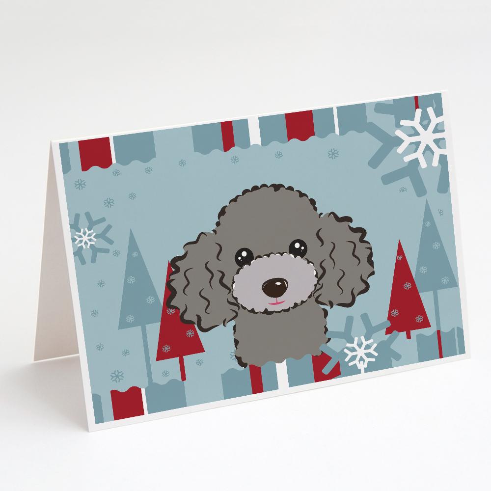 Winter Holiday Silver Gray Poodle Greeting Cards Pack of 8 Blank Cards with Envelopes Whimsical A7 Size 5x7