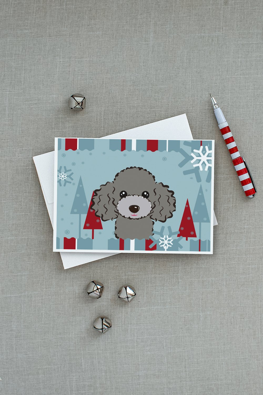 Winter Holiday Silver Gray Poodle Greeting Cards Pack of 8 Blank Cards with Envelopes Whimsical A7 Size 5x7
