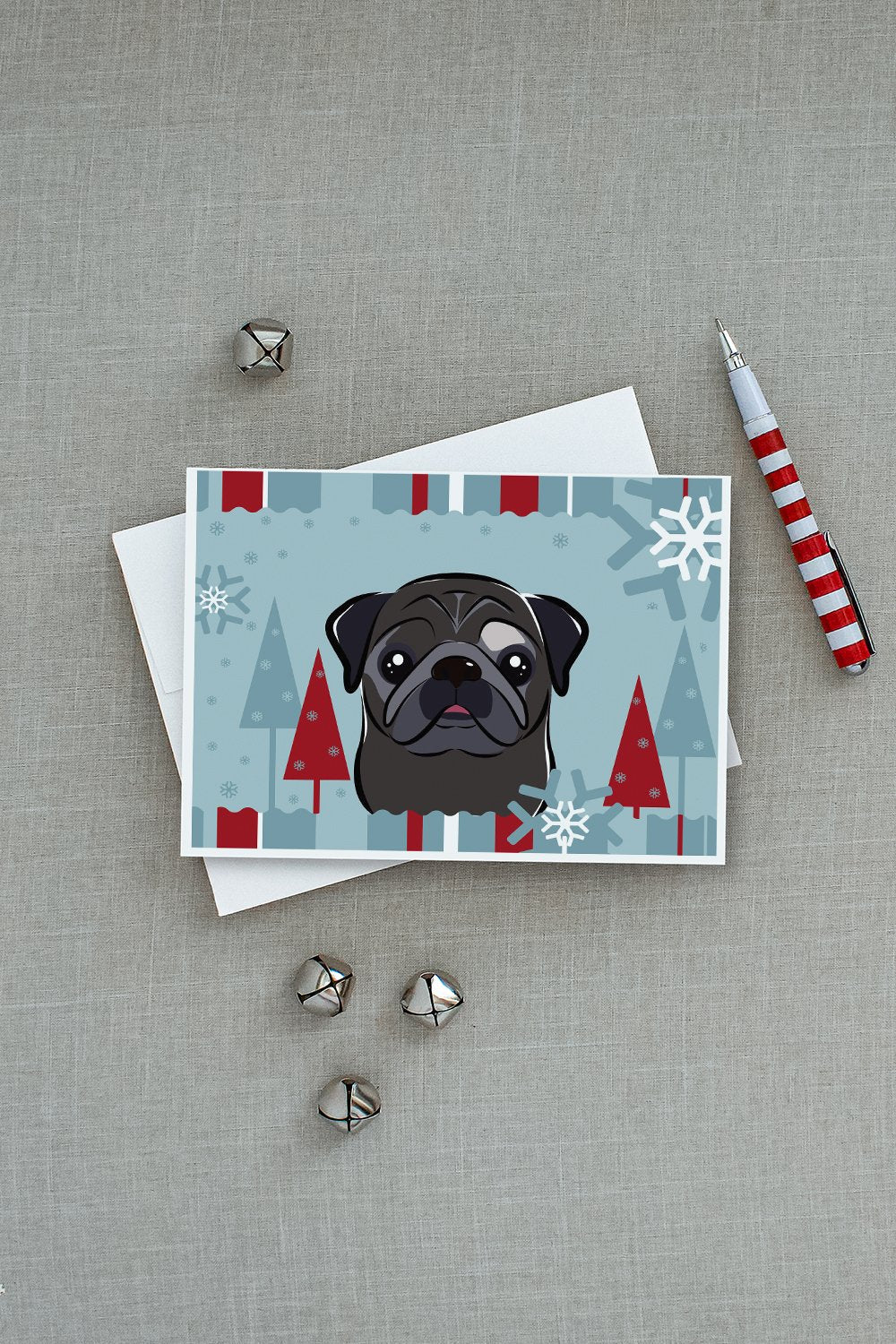 Winter Holiday Black Pug Greeting Cards Pack of 8 Blank Cards with Envelopes Whimsical A7 Size 5x7