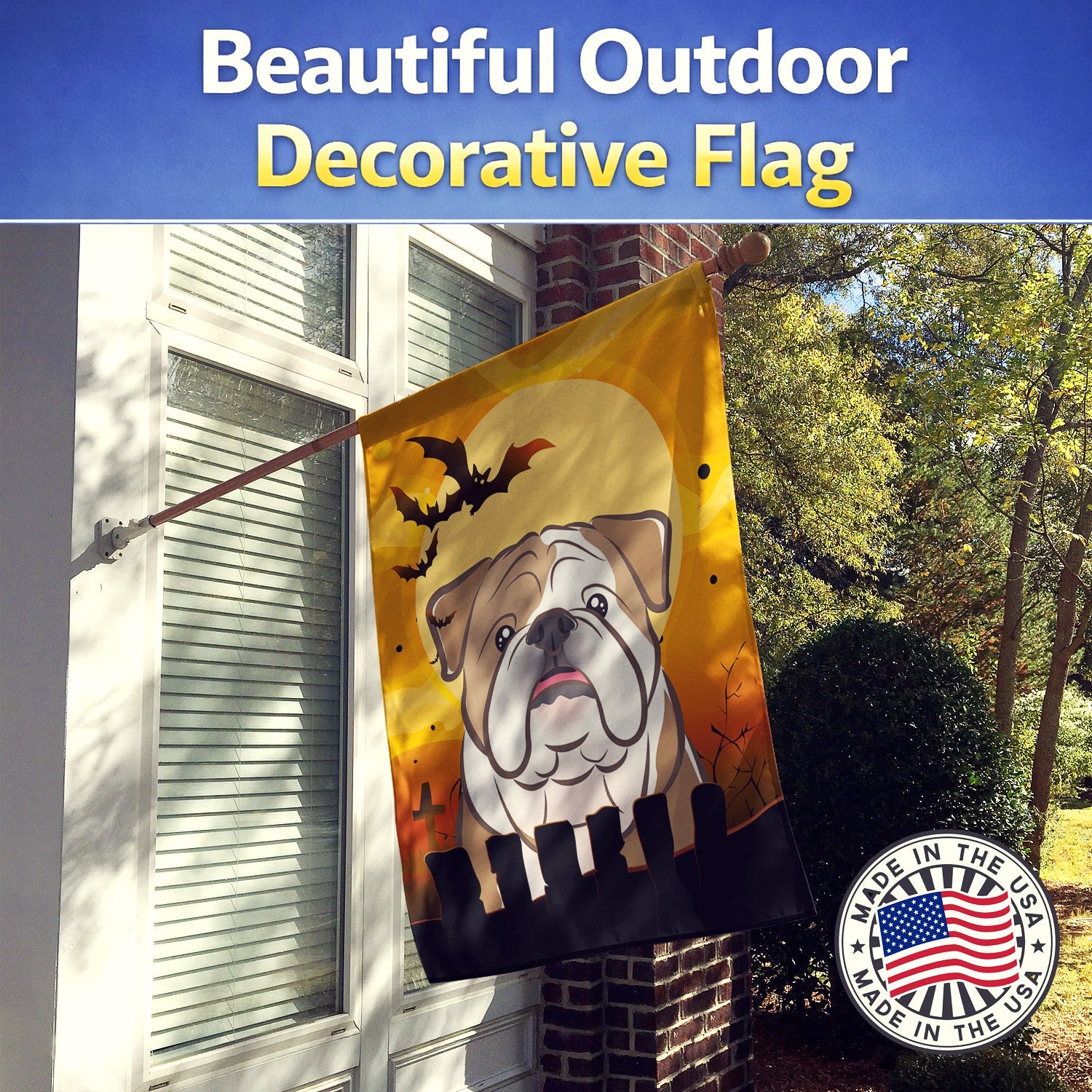 Halloween English Bulldog  House Flag 28x40 Porch Sleeve Pole Decorative Outside Yard Banner Artwork Wall Hanging, Polyester