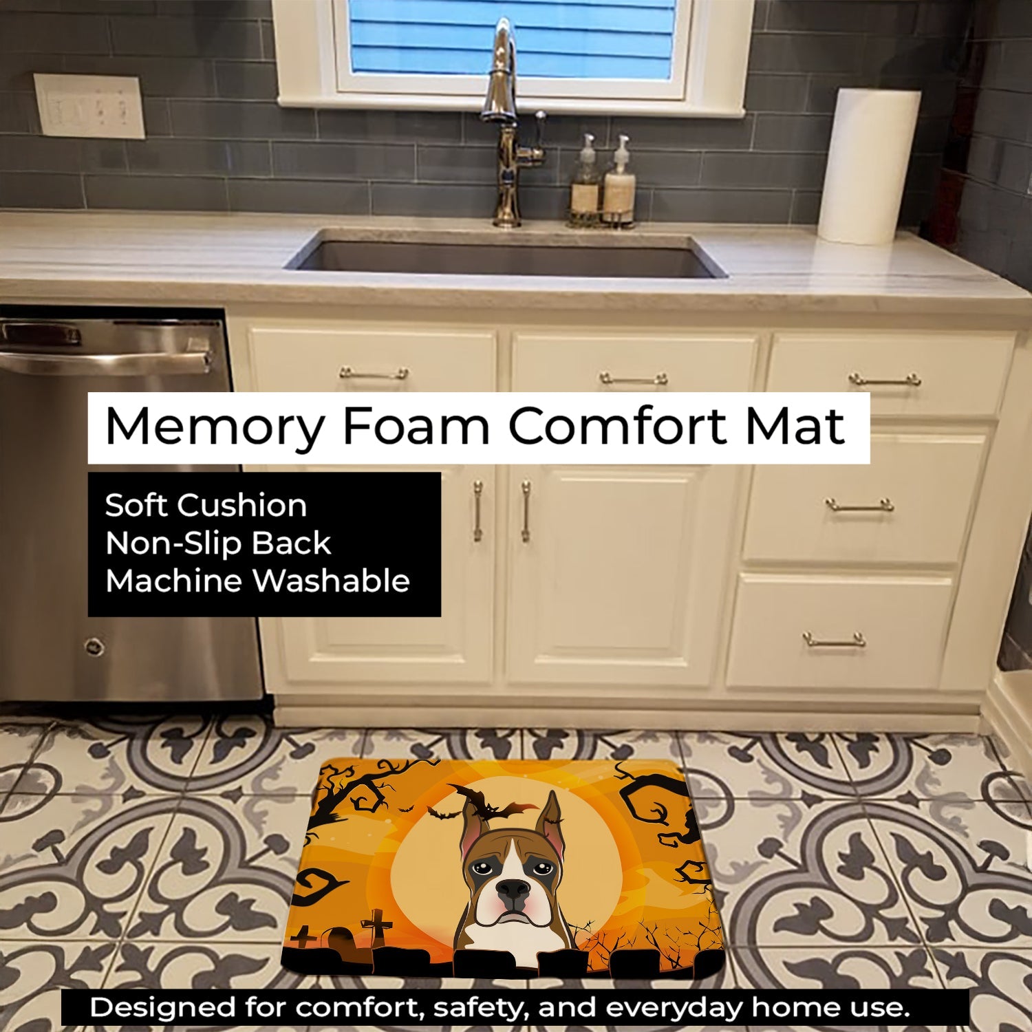 Halloween Boxer Memory Foam Kitchen Mat Machine Washable Anti-Fatigue Cushion Comfort Bath or Kitchen Rug