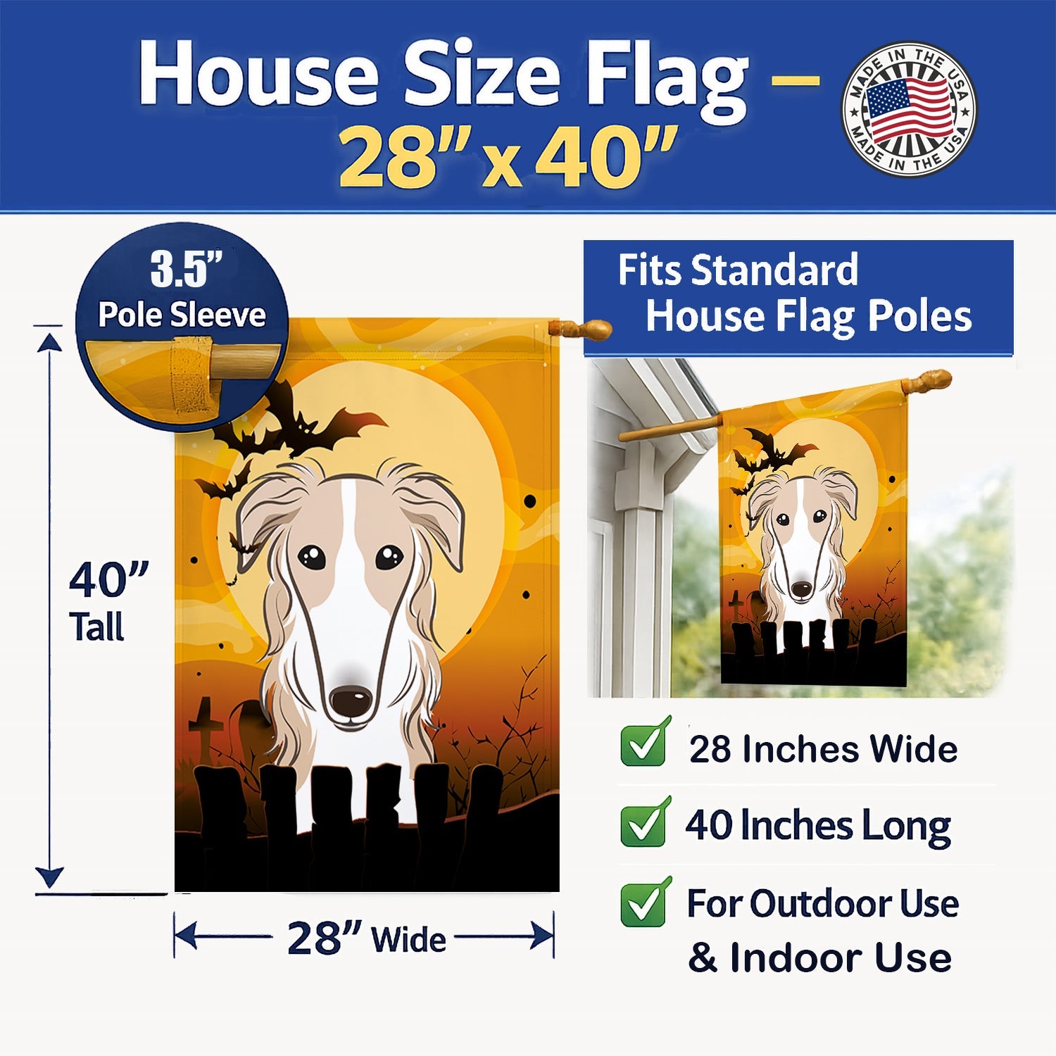 Halloween Borzoi House Flag 28x40 Porch Sleeve Pole Decorative Outside Yard Banner Artwork Wall Hanging, Polyester