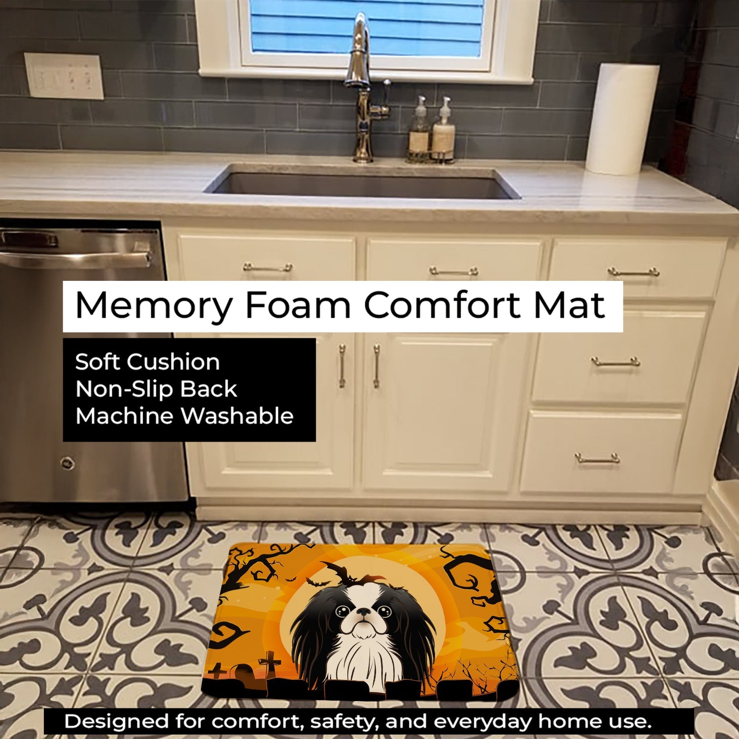 Halloween Japanese Chin Memory Foam Kitchen Mat Machine Washable Anti-Fatigue Cushion Comfort Bath or Kitchen Rug