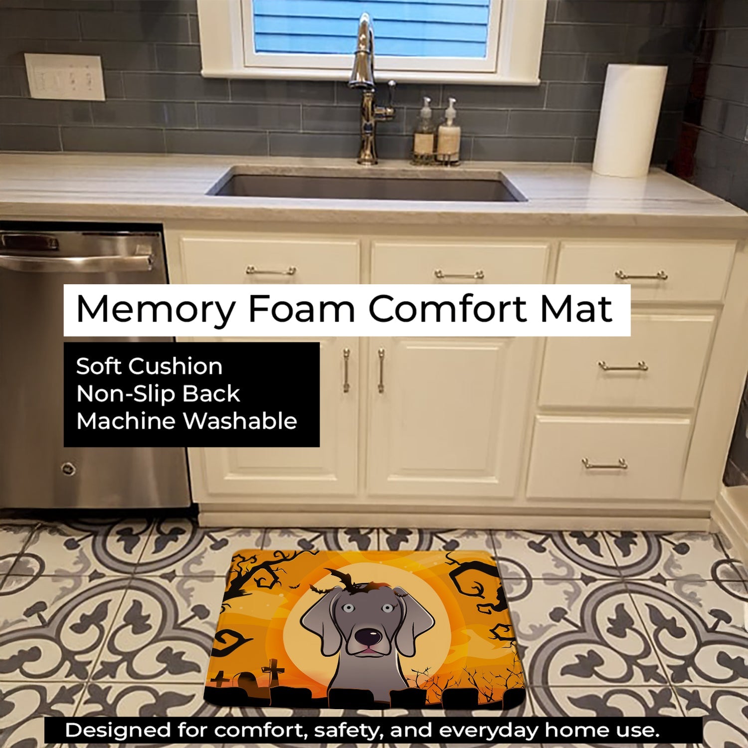 Halloween Weimaraner Memory Foam Kitchen Mat Machine Washable Anti-Fatigue Cushion Comfort Bath or Kitchen Rug