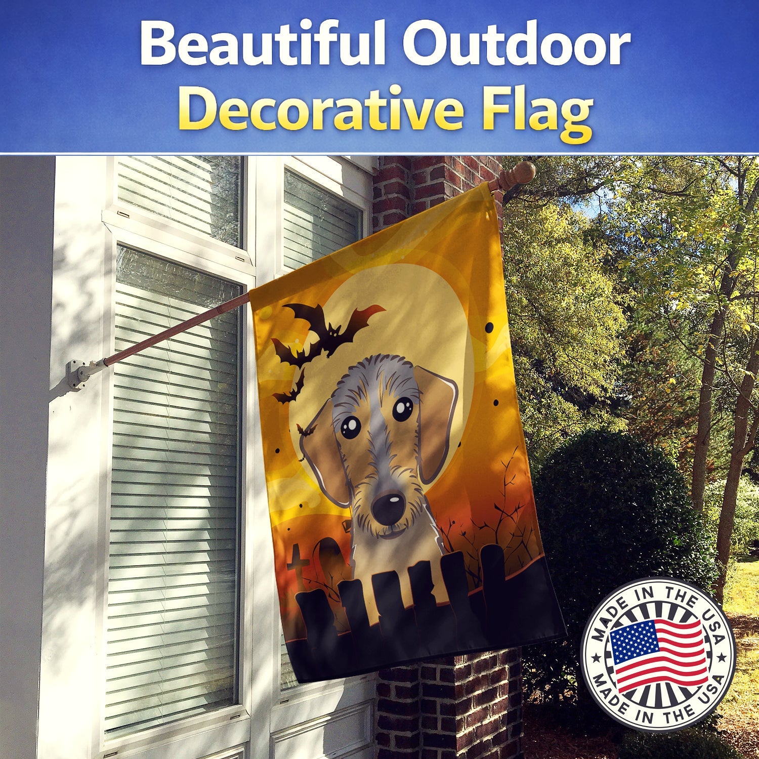 Halloween Wirehaired Dachshund House Flag 28x40 Porch Sleeve Pole Decorative Outside Yard Banner Artwork Wall Hanging, Polyester