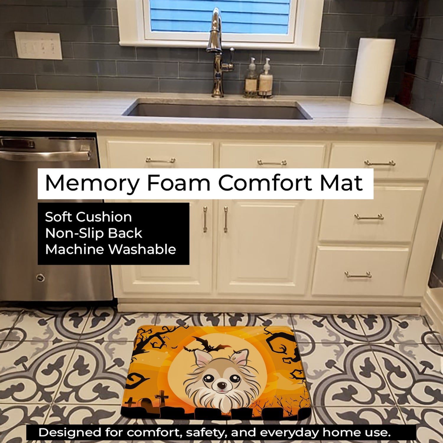 Halloween Chihuahua Memory Foam Kitchen Mat Machine Washable Anti-Fatigue Cushion Comfort Bath or Kitchen Rug