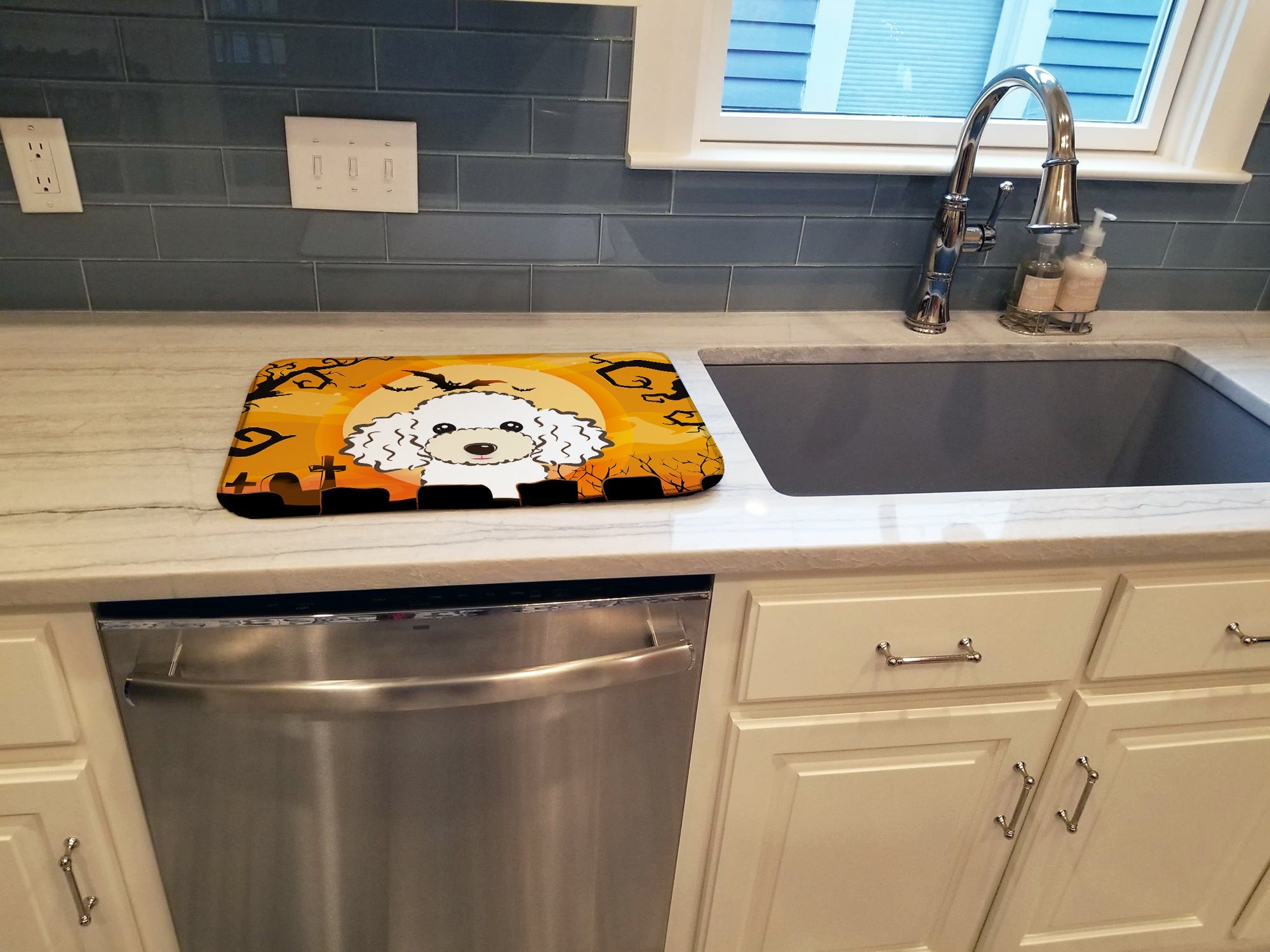 Halloween White Poodle Dish Drying Mat Absorbent Dish Drying Mat Pad for Kitchen Counter Dish Drainer Mat for Countertop, 14 x 21", Multicolor