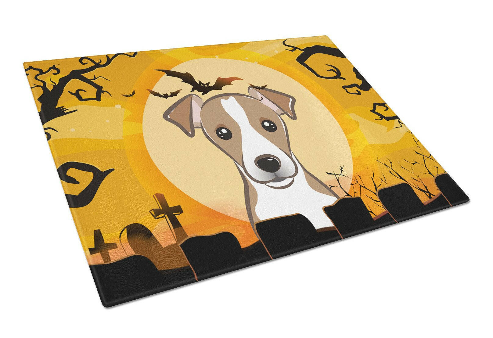 Halloween Jack Russell Terrier Cutting Board Tempered Glass Kitchen Cutting Surface, Heat Resistant Chopping, Non-Slip Feet, Food Prep & Serving
