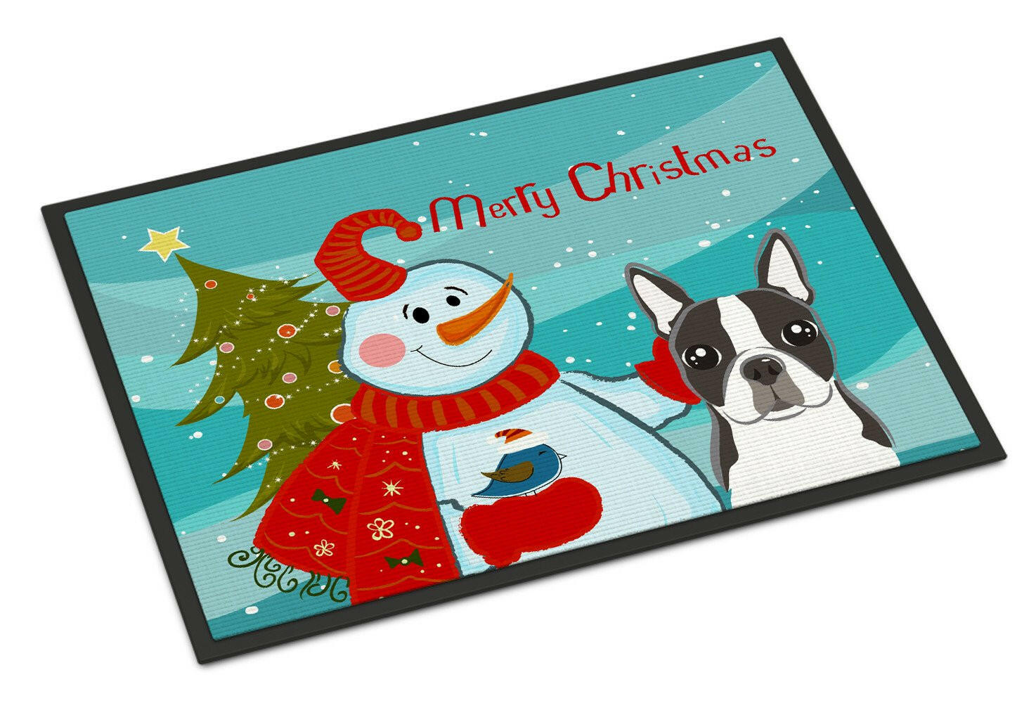 Snowman with Boston Terrier Doormat Indoor Outdoor 18H X 27W Front Door Mat Rugs for Entryway, Non Slip Washable