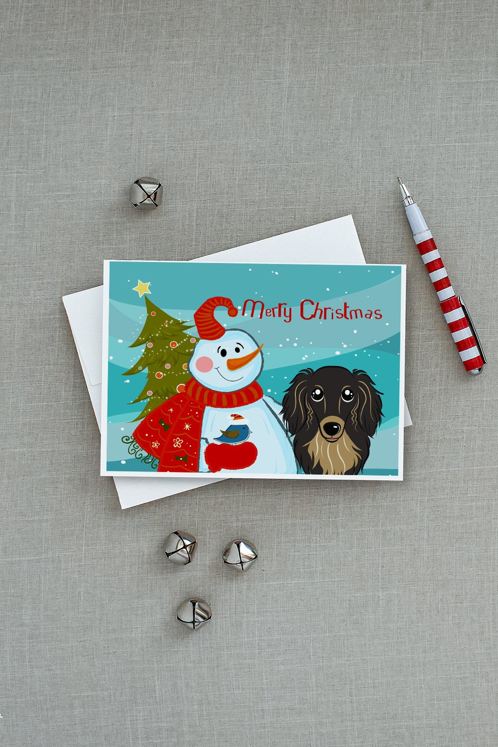 Snowman with Longhair Black and Tan Dachshund Greeting Cards Pack of 8 Blank Cards with Envelopes Whimsical A7 Size 5x7