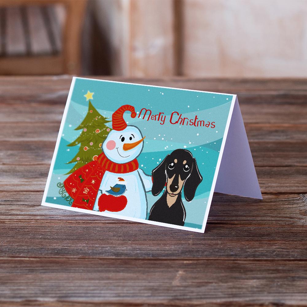 Snowman with Smooth Black and Tan Dachshund Greeting Cards Pack of 8 Blank Cards with Envelopes Whimsical A7 Size 5x7