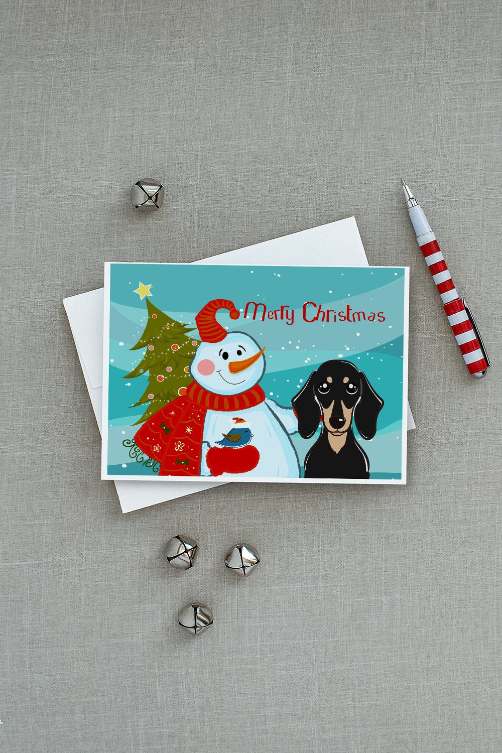 Snowman with Smooth Black and Tan Dachshund Greeting Cards Pack of 8 Blank Cards with Envelopes Whimsical A7 Size 5x7