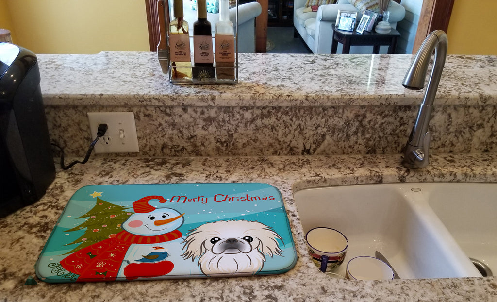 Snowman with Pekingese Dish Drying Mat Absorbent Dish Drying Mat Pad for Kitchen Counter Dish Drainer Mat for Countertop, 14 x 21", Multicolor