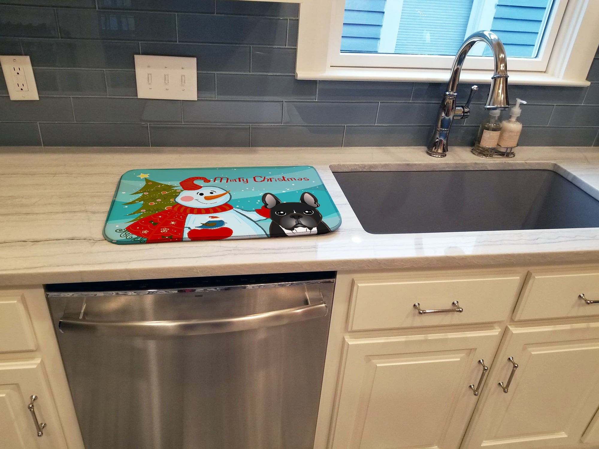 Snowman with French Bulldog Dish Drying Mat Absorbent Dish Drying Mat Pad for Kitchen Counter Dish Drainer Mat for Countertop, 14 x 21", Multicolor