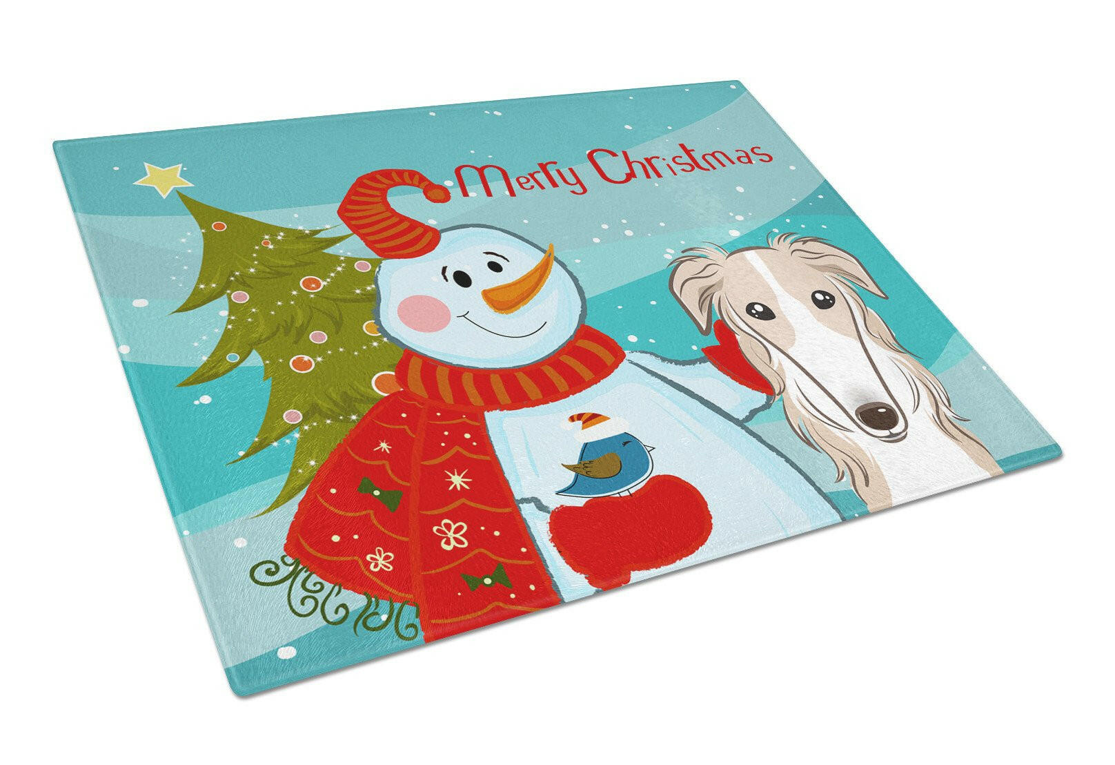 Snowman with Borzoi Cutting Board Tempered Glass Kitchen Cutting Surface, Heat Resistant Chopping, Non-Slip Feet, Food Prep & Serving