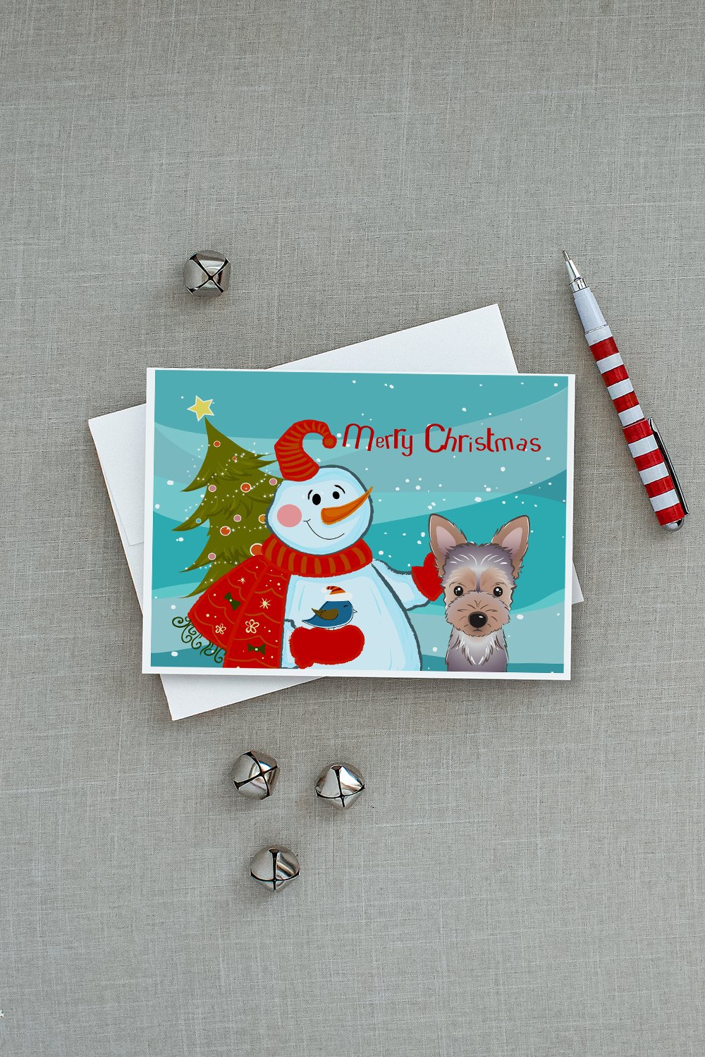 Snowman with Yorkie Puppy Greeting Cards Pack of 8 Blank Cards with Envelopes Whimsical A7 Size 5x7
