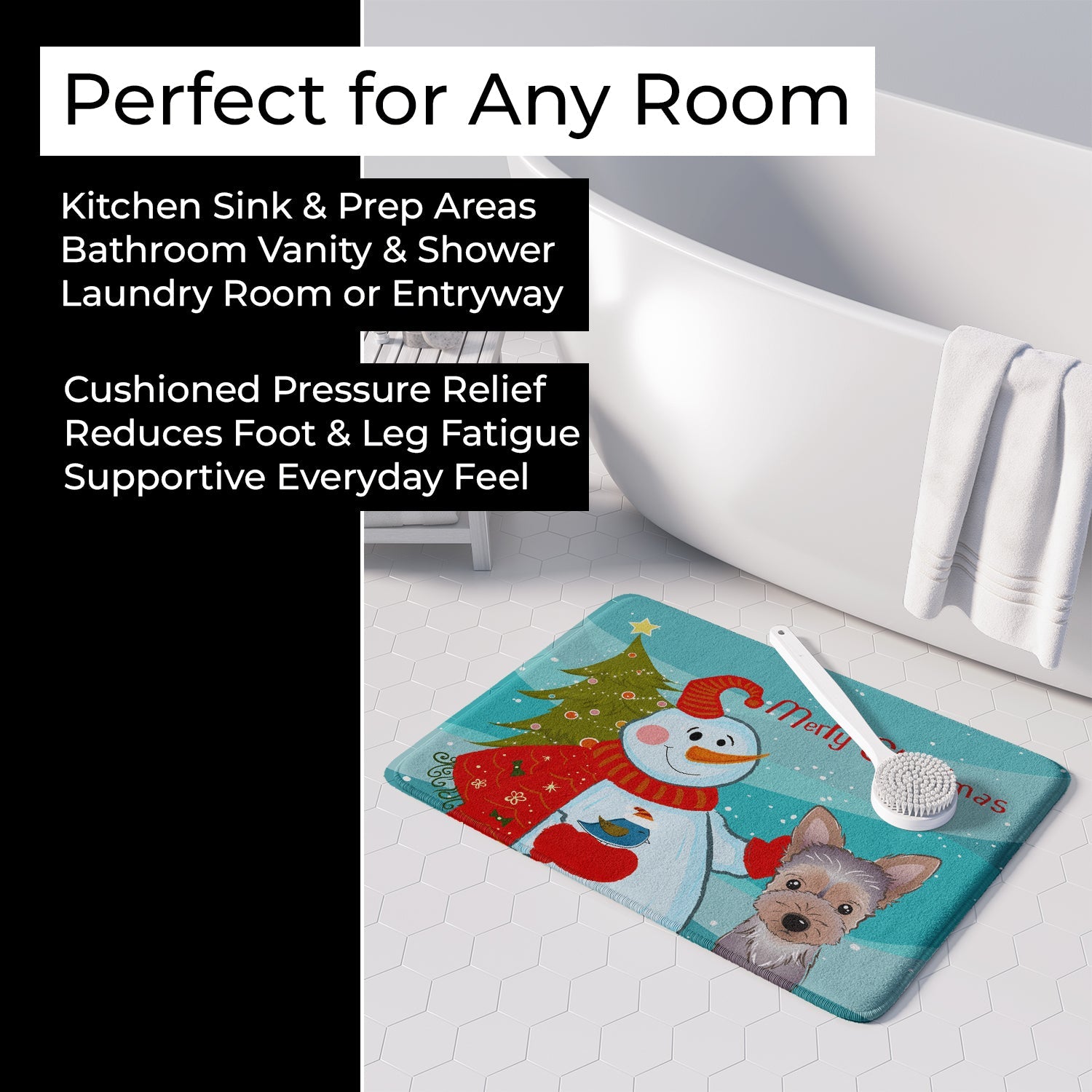 Snowman with Yorkie Puppy Memory Foam Kitchen Mat Machine Washable Anti-Fatigue Cushion Comfort Bath or Kitchen Rug