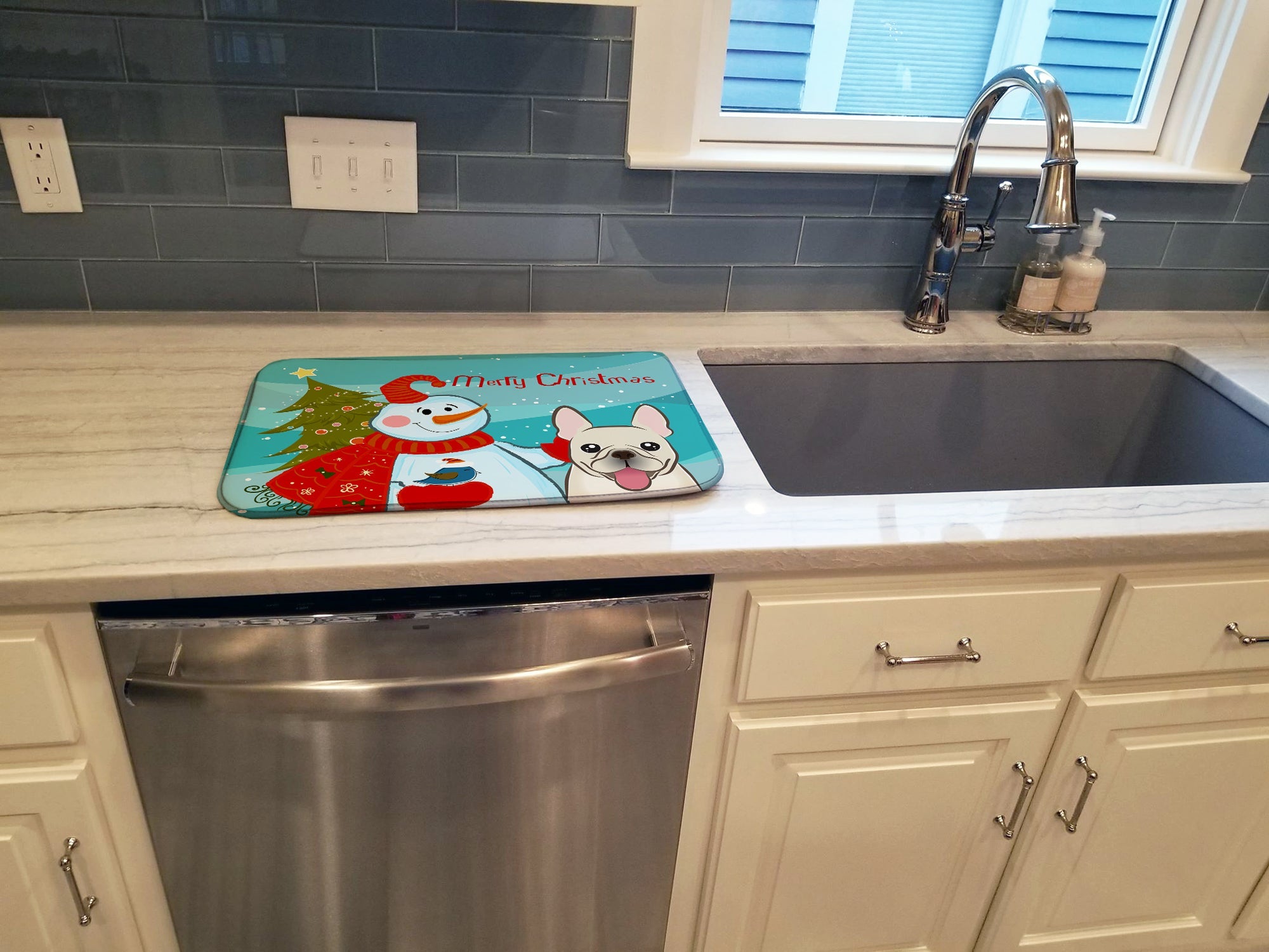 Snowman with French Bulldog Dish Drying Mat Absorbent Dish Drying Mat Pad for Kitchen Counter Dish Drainer Mat for Countertop, 14 x 21", Multicolor