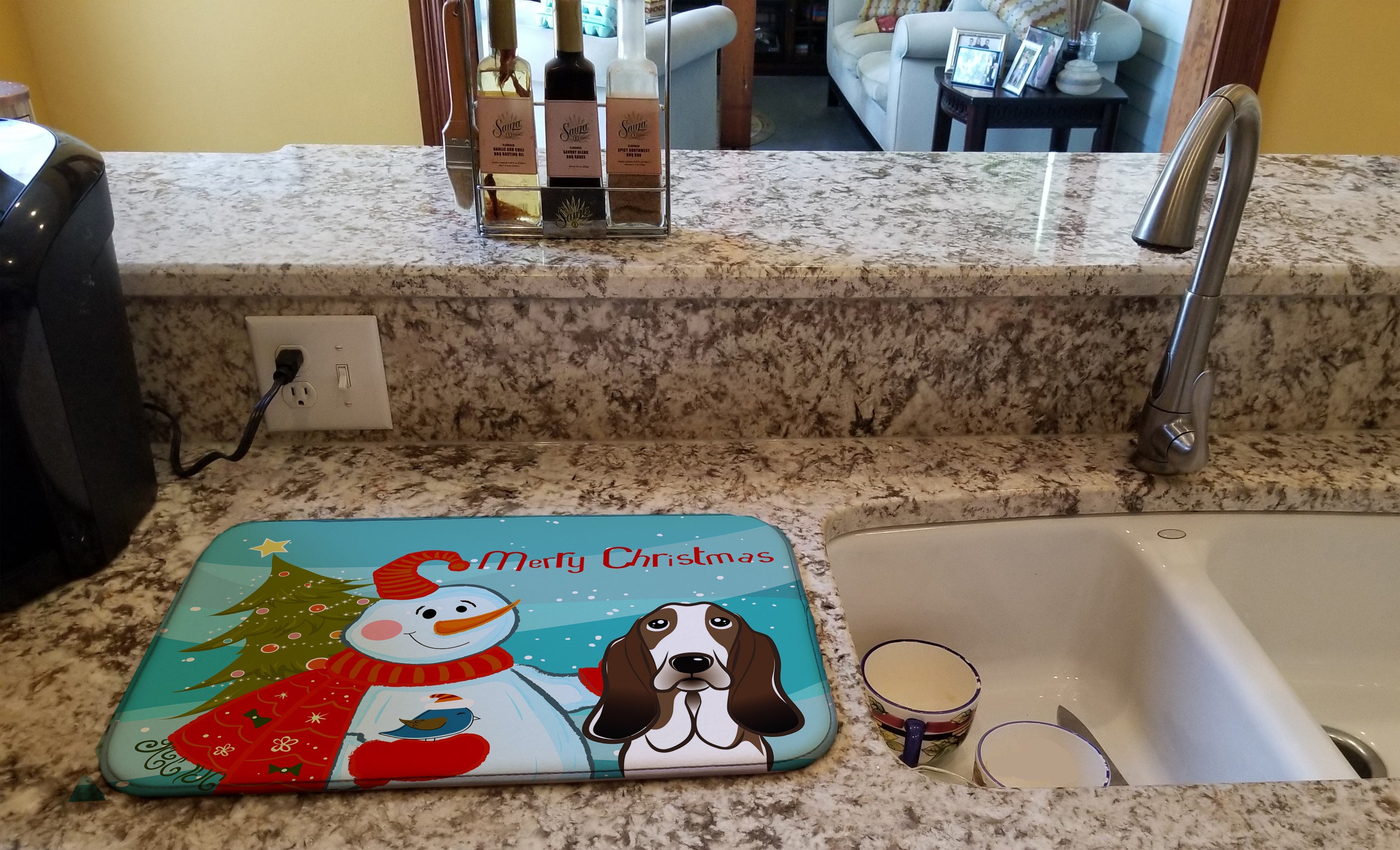 Snowman with Basset Hound Dish Drying Mat Absorbent Dish Drying Mat Pad for Kitchen Counter Dish Drainer Mat for Countertop, 14 x 21", Multicolor