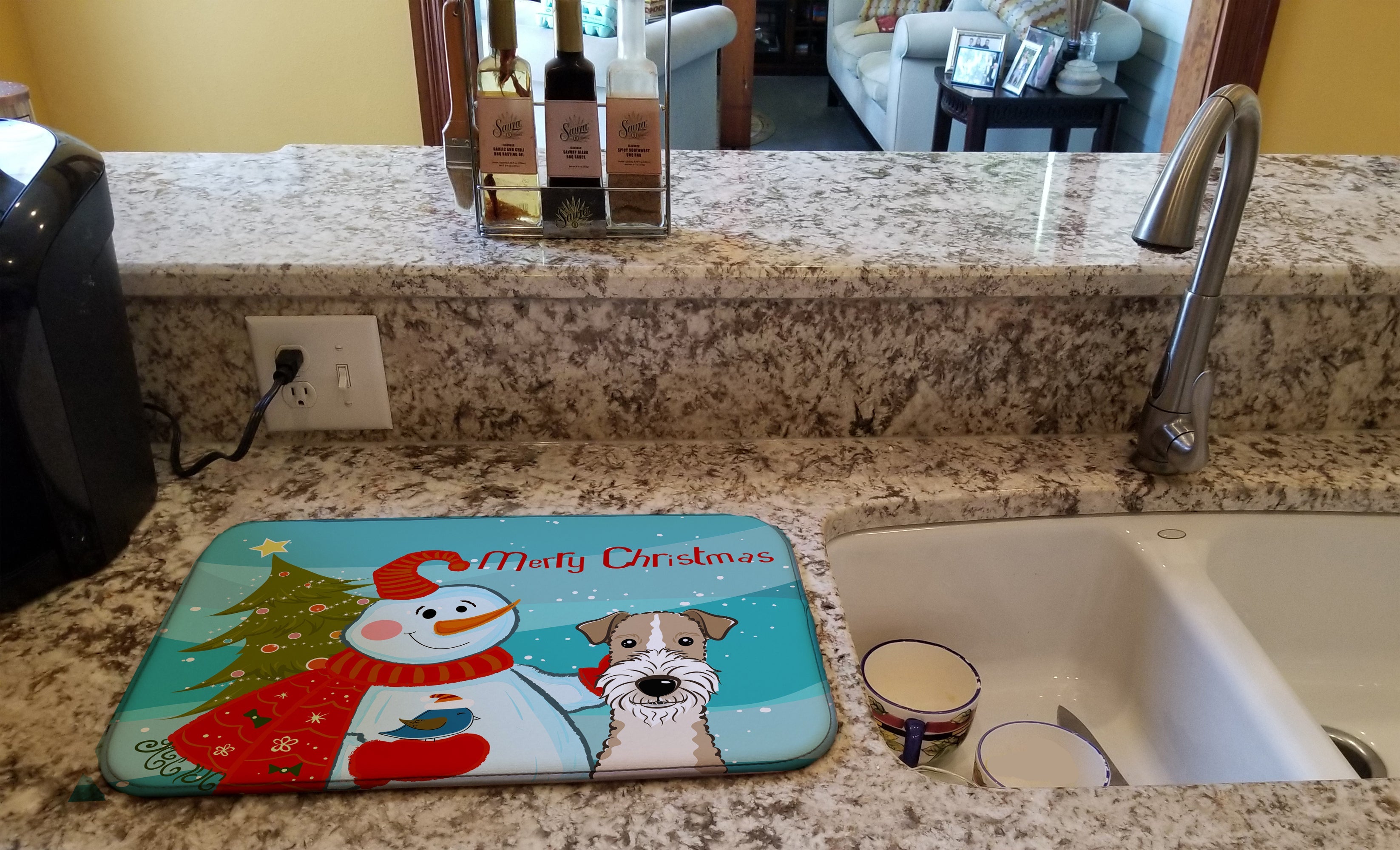 Snowman with Wire Haired Fox Terrier Dish Drying Mat Absorbent Dish Drying Mat Pad for Kitchen Counter Dish Drainer Mat for Countertop, 14 x 21", Multicolor