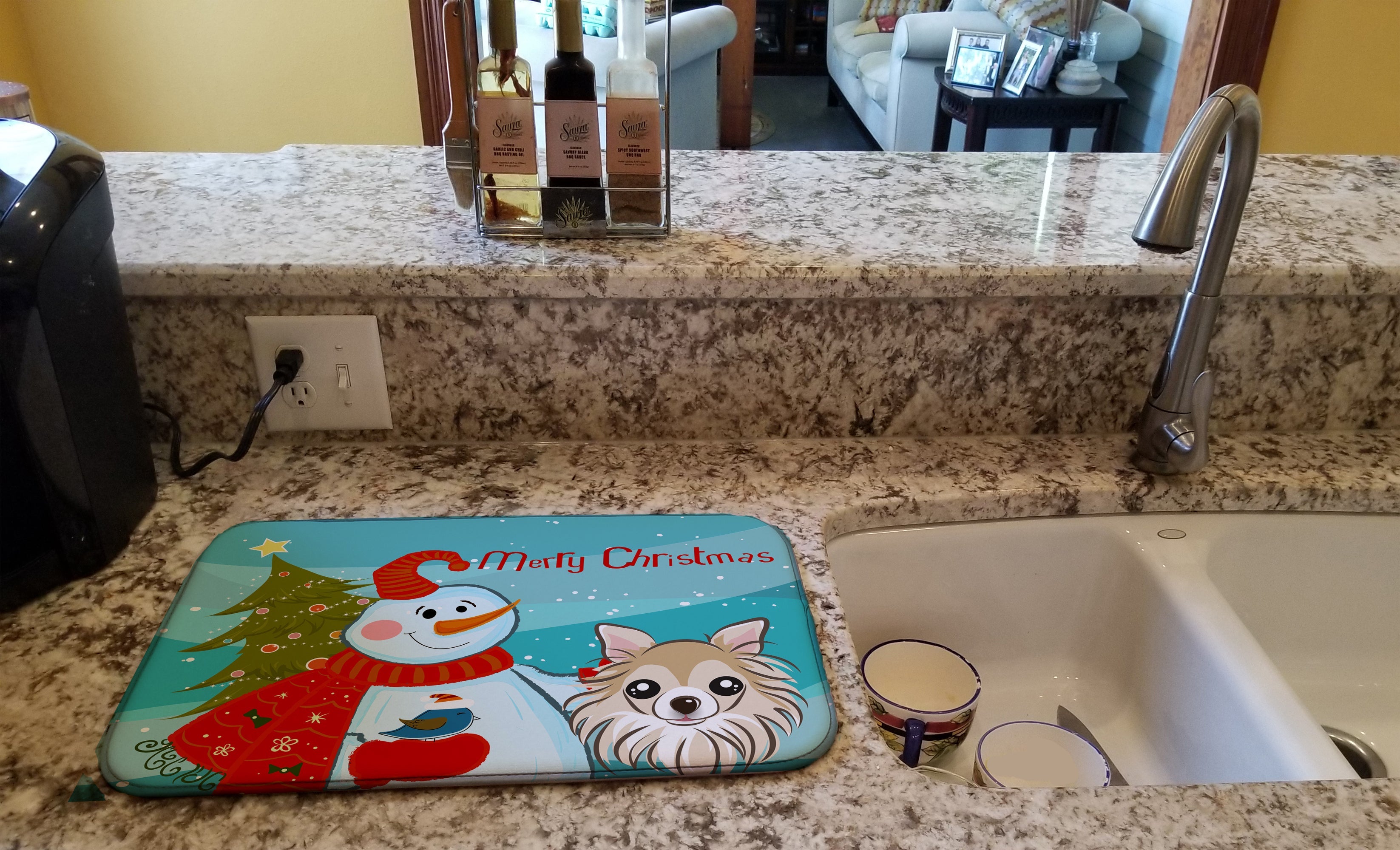 Snowman with Chihuahua Dish Drying Mat Absorbent Dish Drying Mat Pad for Kitchen Counter Dish Drainer Mat for Countertop, 14 x 21", Multicolor