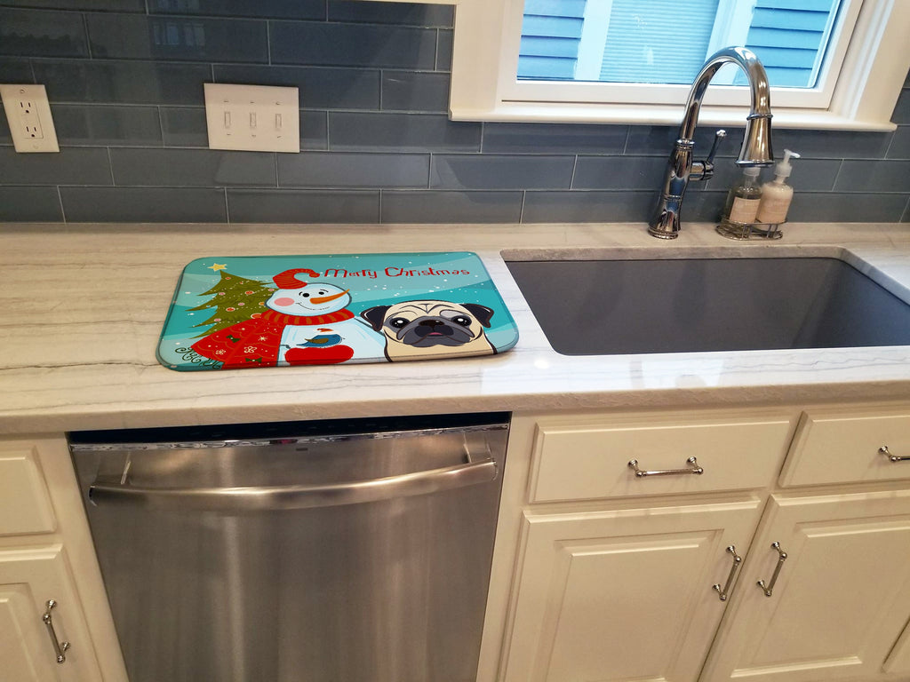 Snowman with Fawn Pug Dish Drying Mat Absorbent Dish Drying Mat Pad for Kitchen Counter Dish Drainer Mat for Countertop, 14 x 21", Multicolor