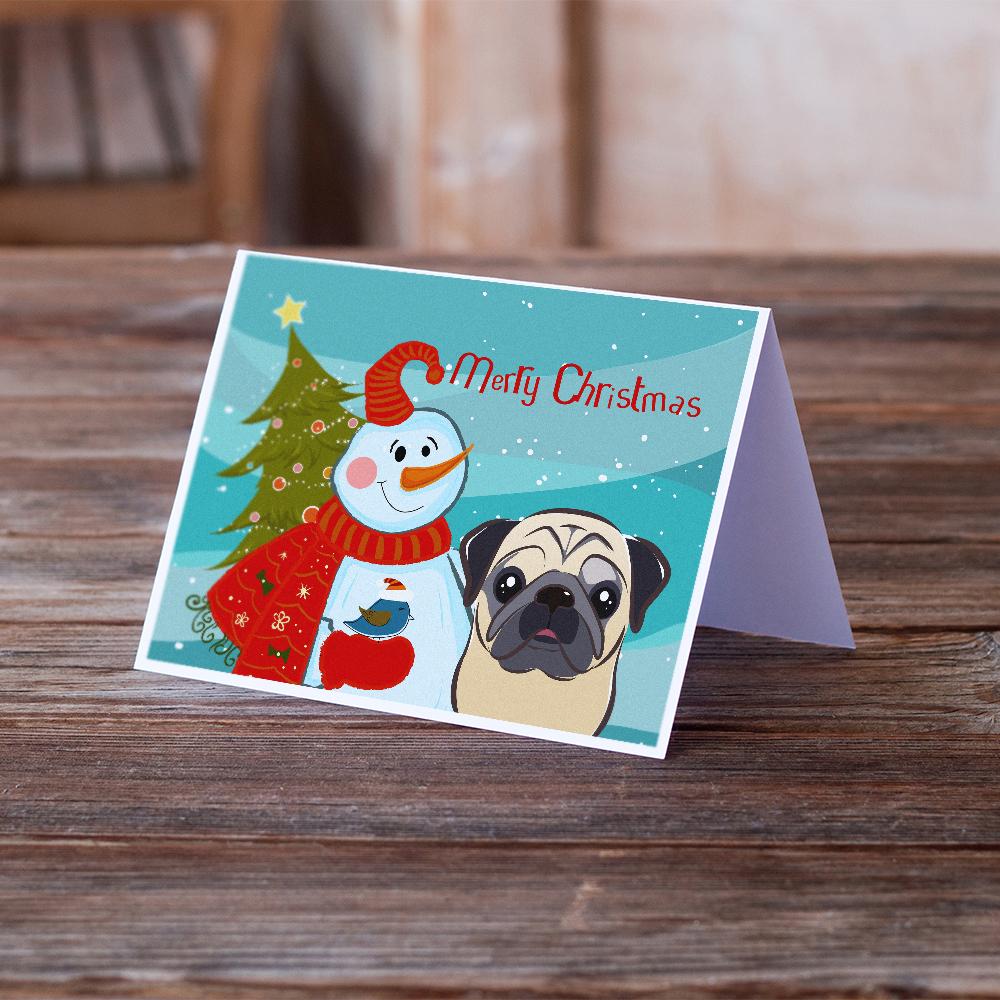 Snowman with Fawn Pug Greeting Cards Pack of 8 Blank Cards with Envelopes Whimsical A7 Size 5x7